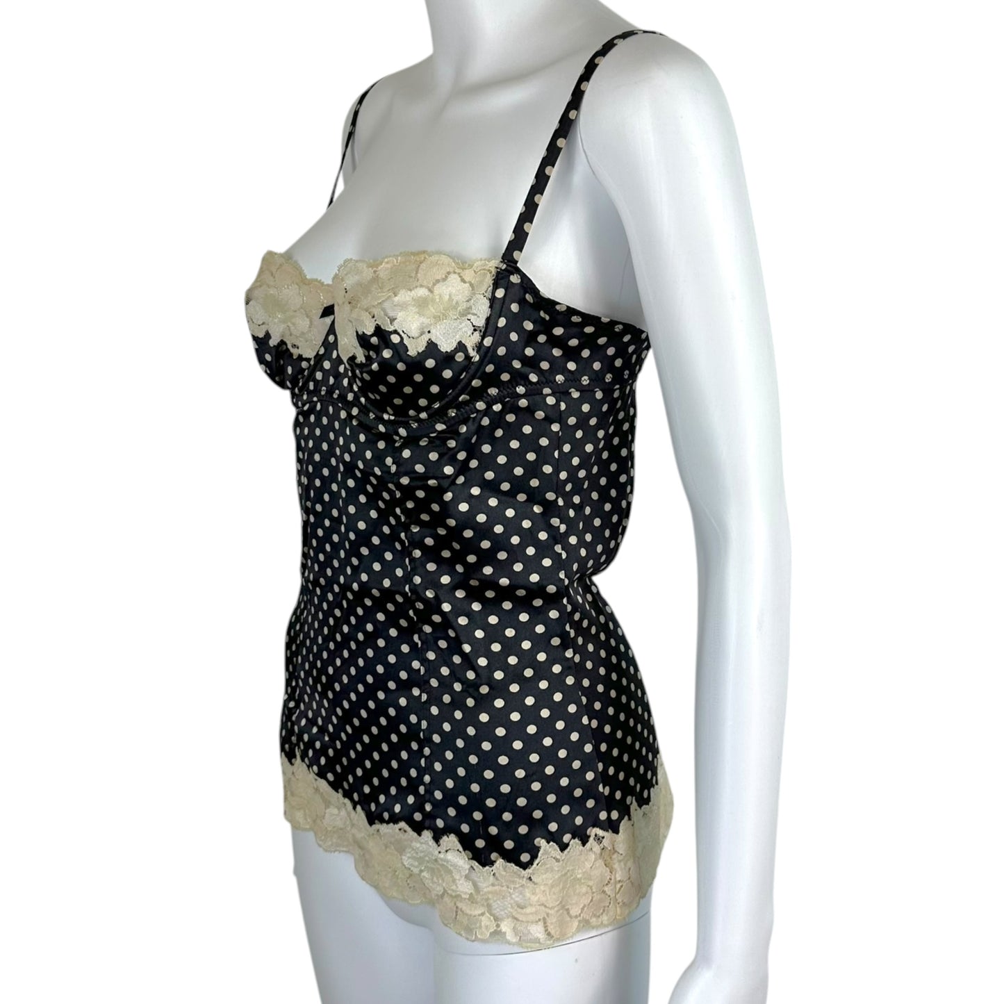 Dolce & Gabbana Black Ivory Silk Lace Polka Dot Bustier Cami