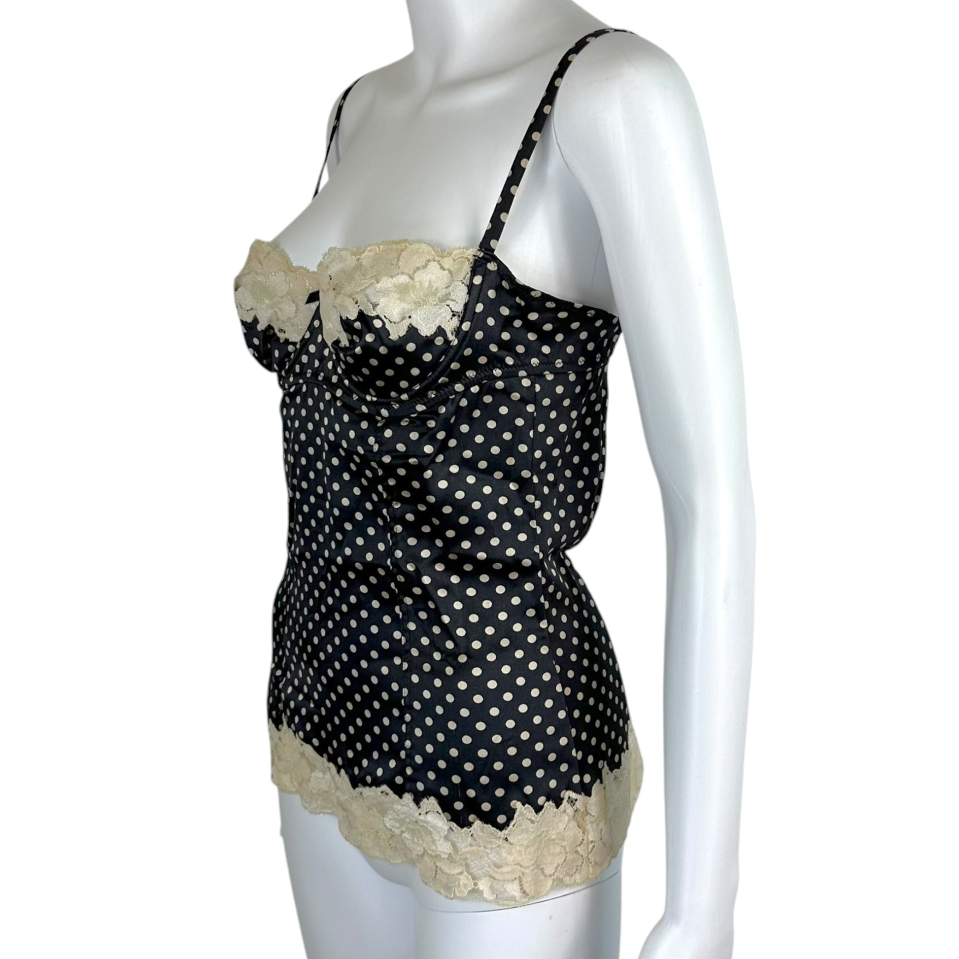 Dolce & Gabbana Black Ivory Silk Lace Polka Dot Bustier Cami