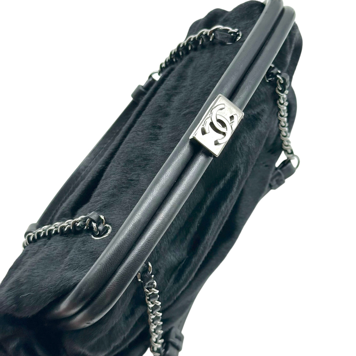 Chanel Black Ruched Ponyhair Handbag with Kisslock Closure