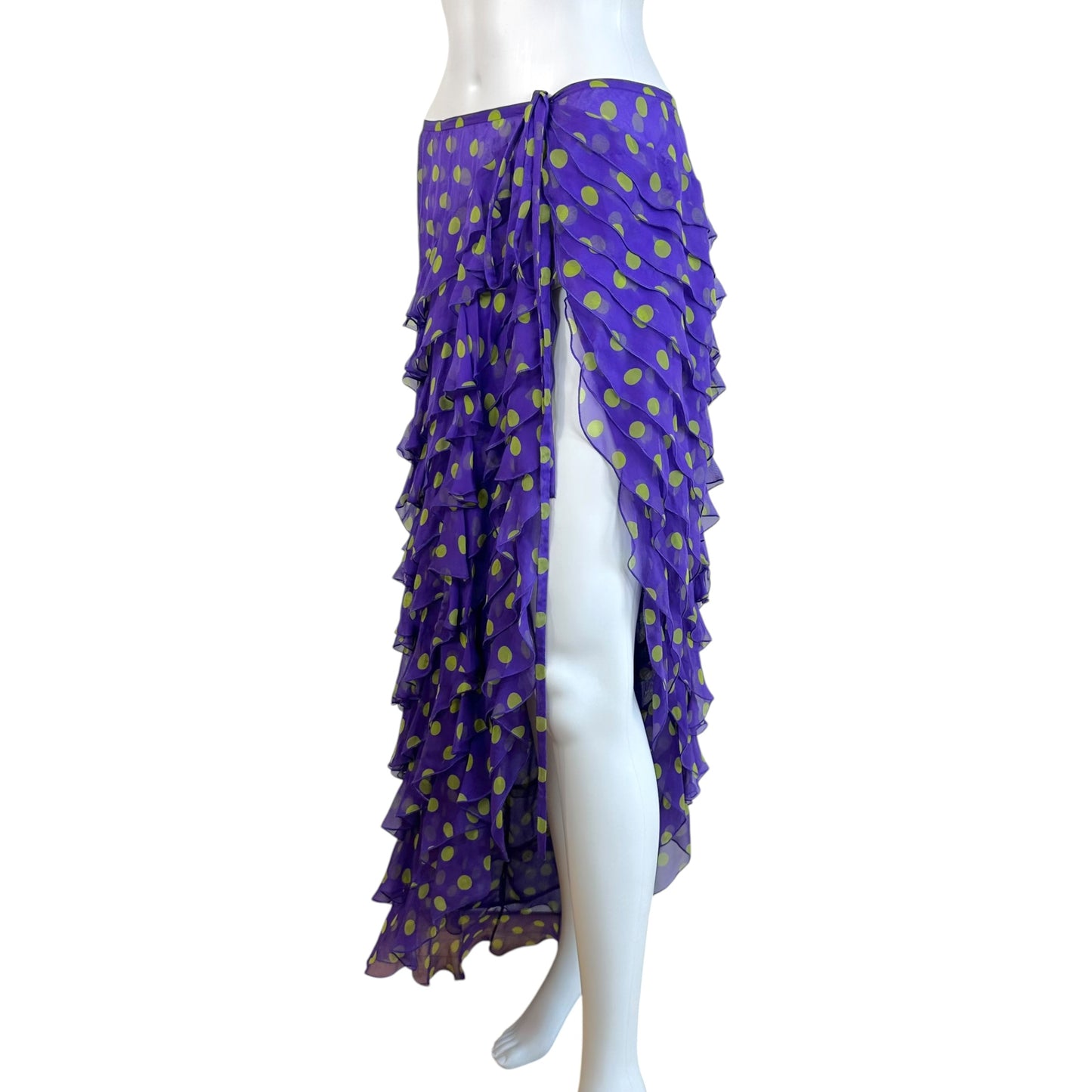 Emanuel Ungaro Silk Wrap Maxi Skirt Purple Green Polka Dot