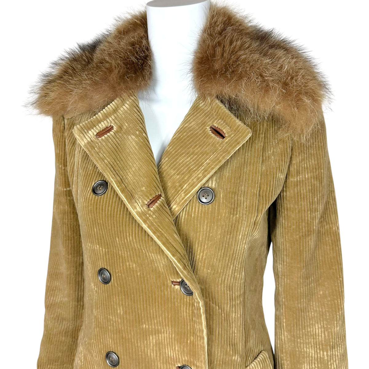 Dolce & Gabbana Brown Corduroy Coat With Lamb Fur Collar