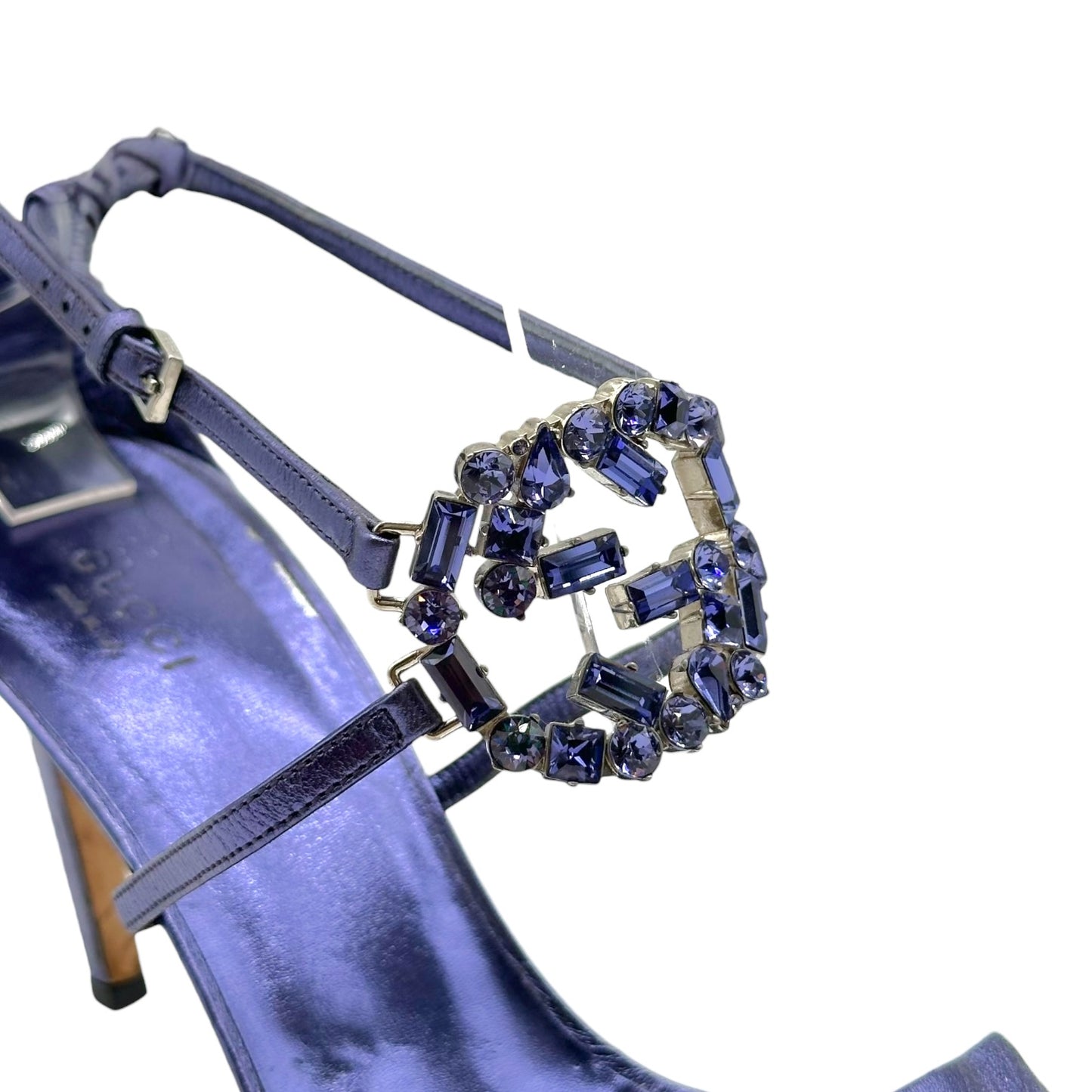 Gucci Purple Metallic Crystal GG Logo Sandal Heels