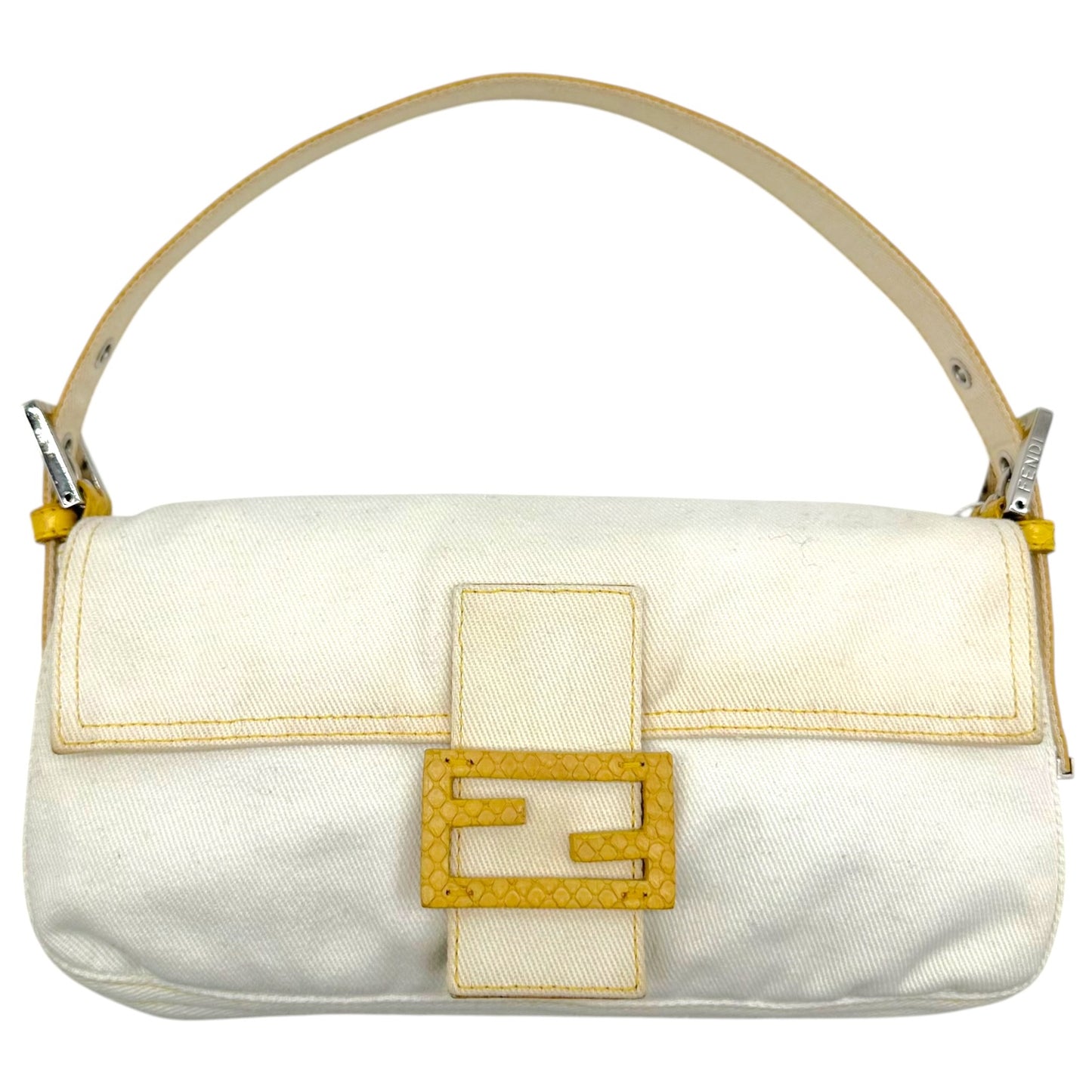 Fendi Baguette Bag White Denim Yellow Python Trim