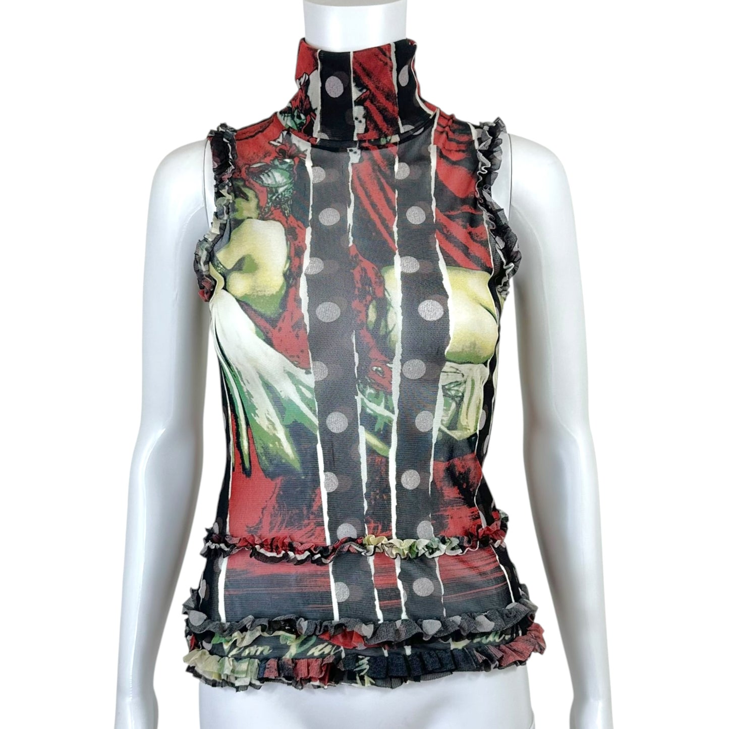 Jean Paul Gaultier Polka Dot Figure Print Sleeveless Turtleneck Mesh Tank