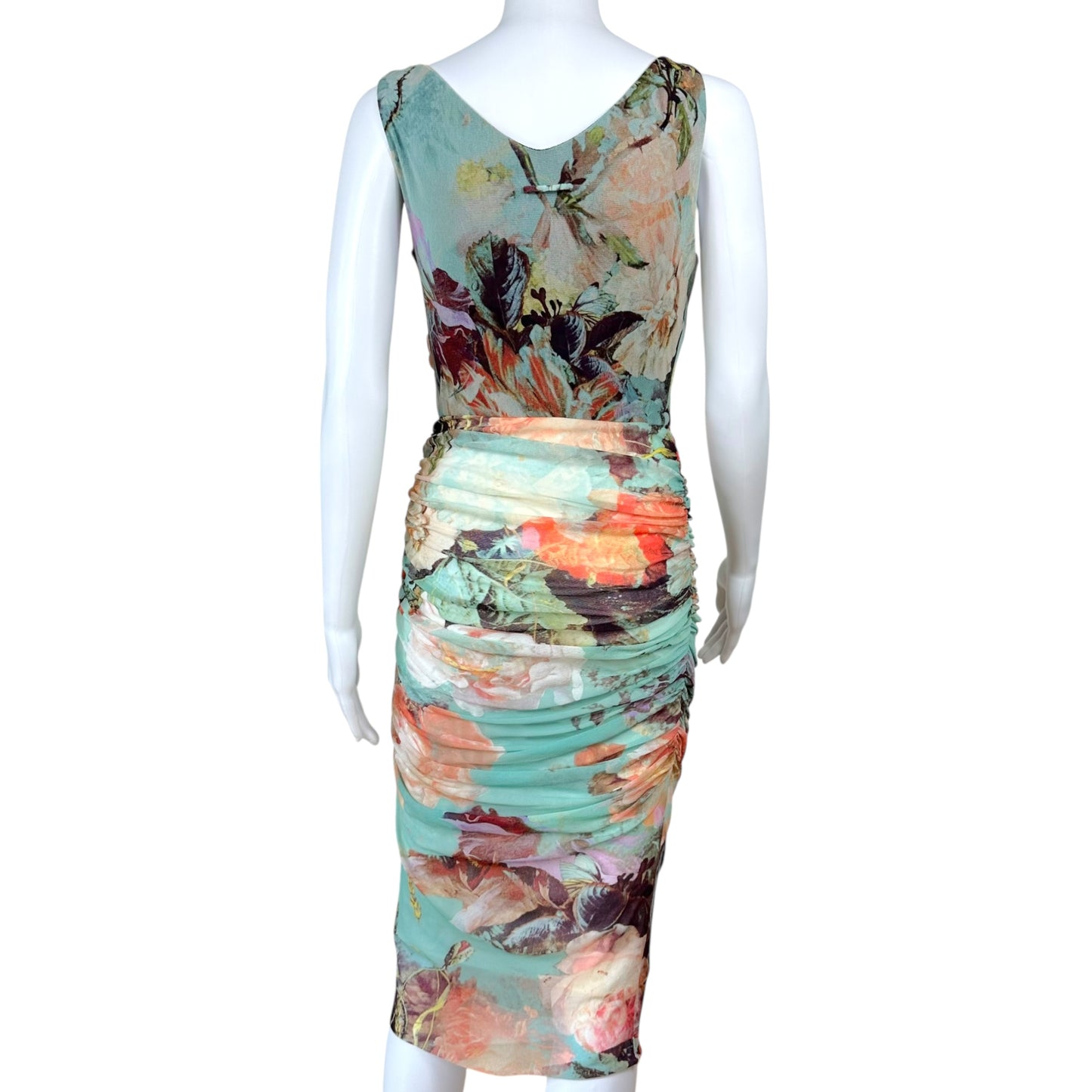 Jean Paul Gaultier Mesh Blue Floral Print Ruched Midi Dress