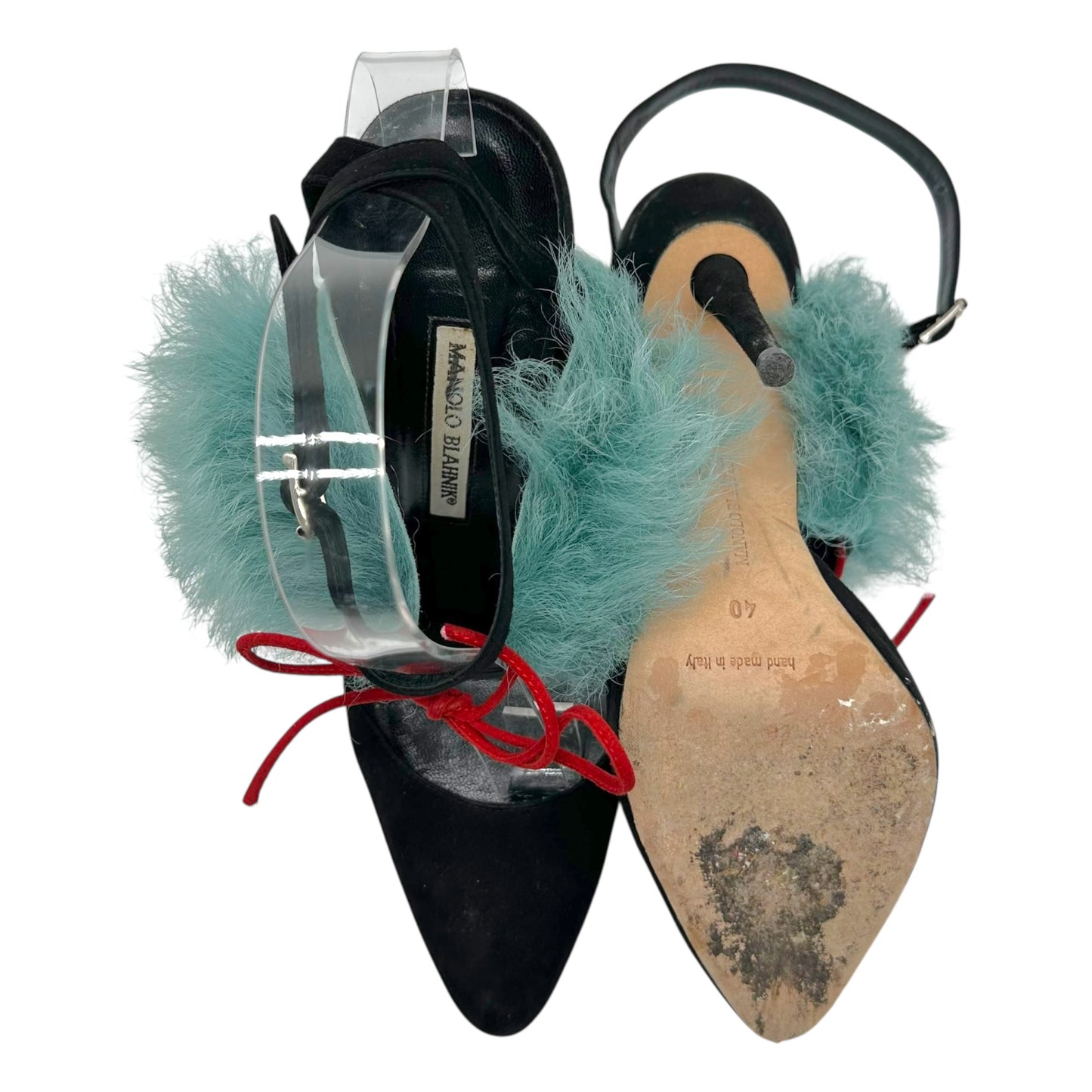 Manolo Blahnik Black Suede Teal Shearling Wrap Heels
