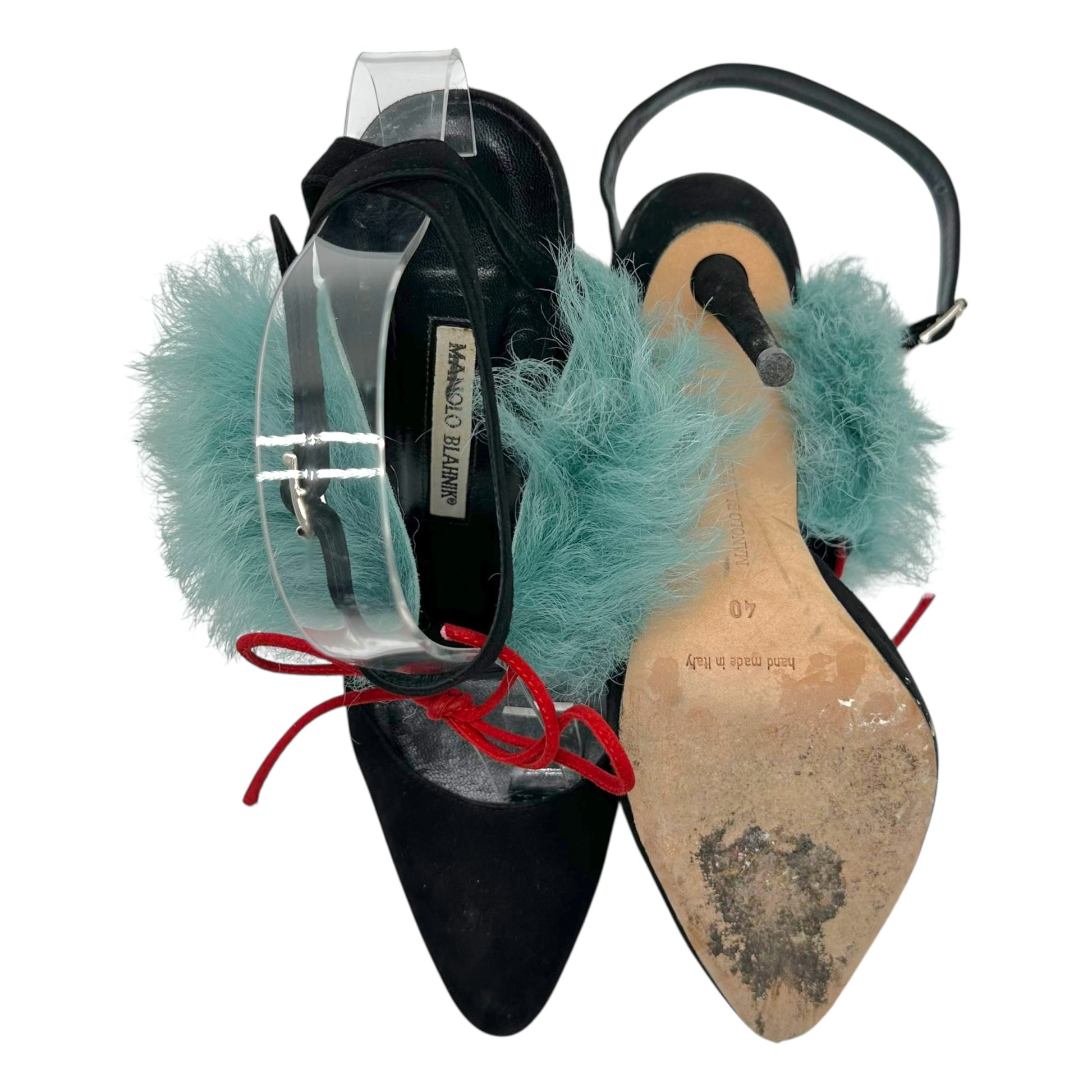 Manolo Blahnik Black Suede Teal Shearling Wrap Heels