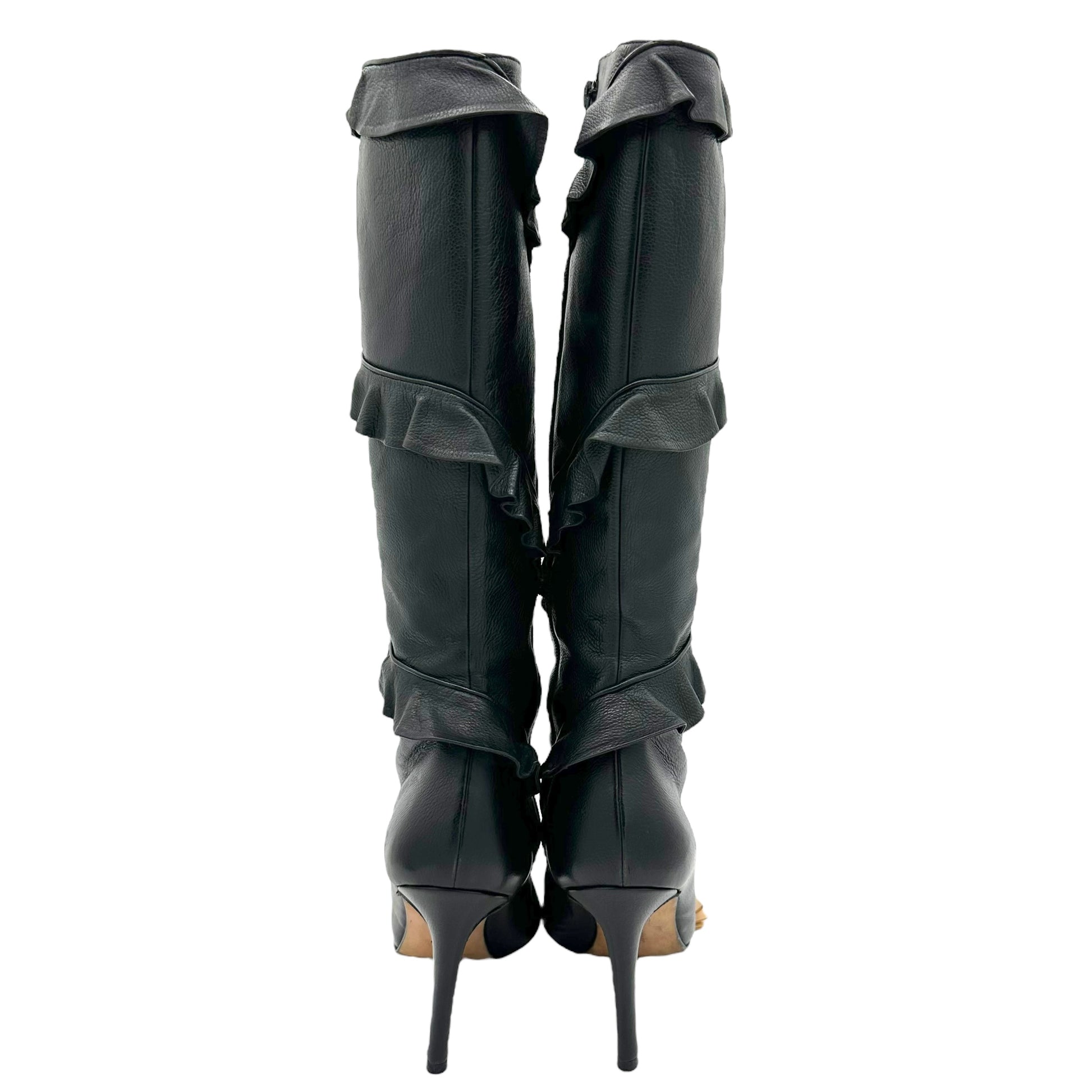 Manolo Blahnik Ruffle Black Leather Pointed Toe Boots - Outfit Repeater