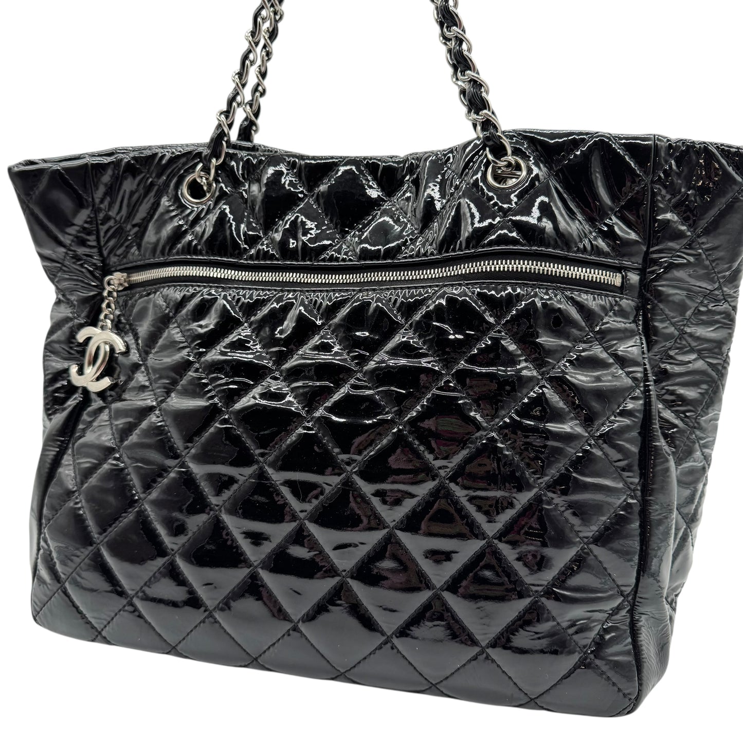 Chanel Black Patent Matelasse Quilted Leather Chain Strap Tote Bag 2009-10 - Outfit Repeater