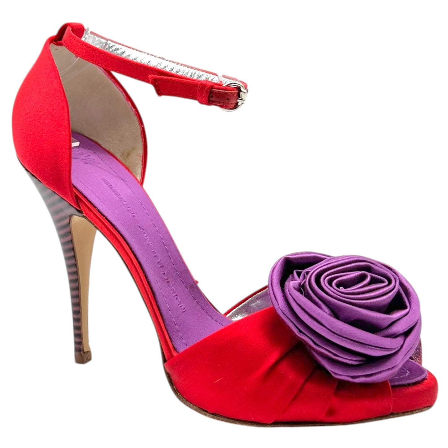 Giuseppe Zanotti Red & Purple Satin Rose Sandal Heels