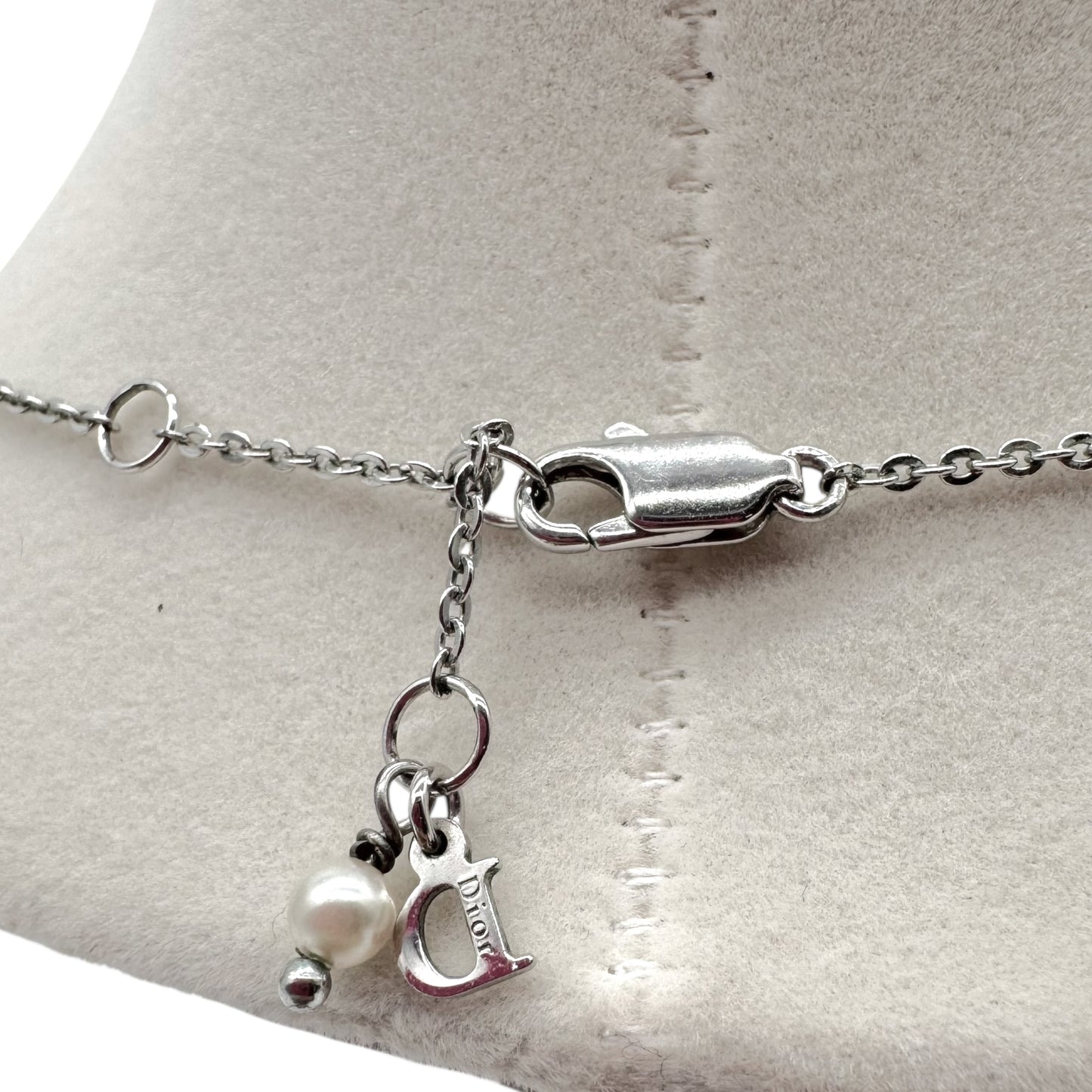 Christian Dior Silver Logo & Pearl Charm Necklace