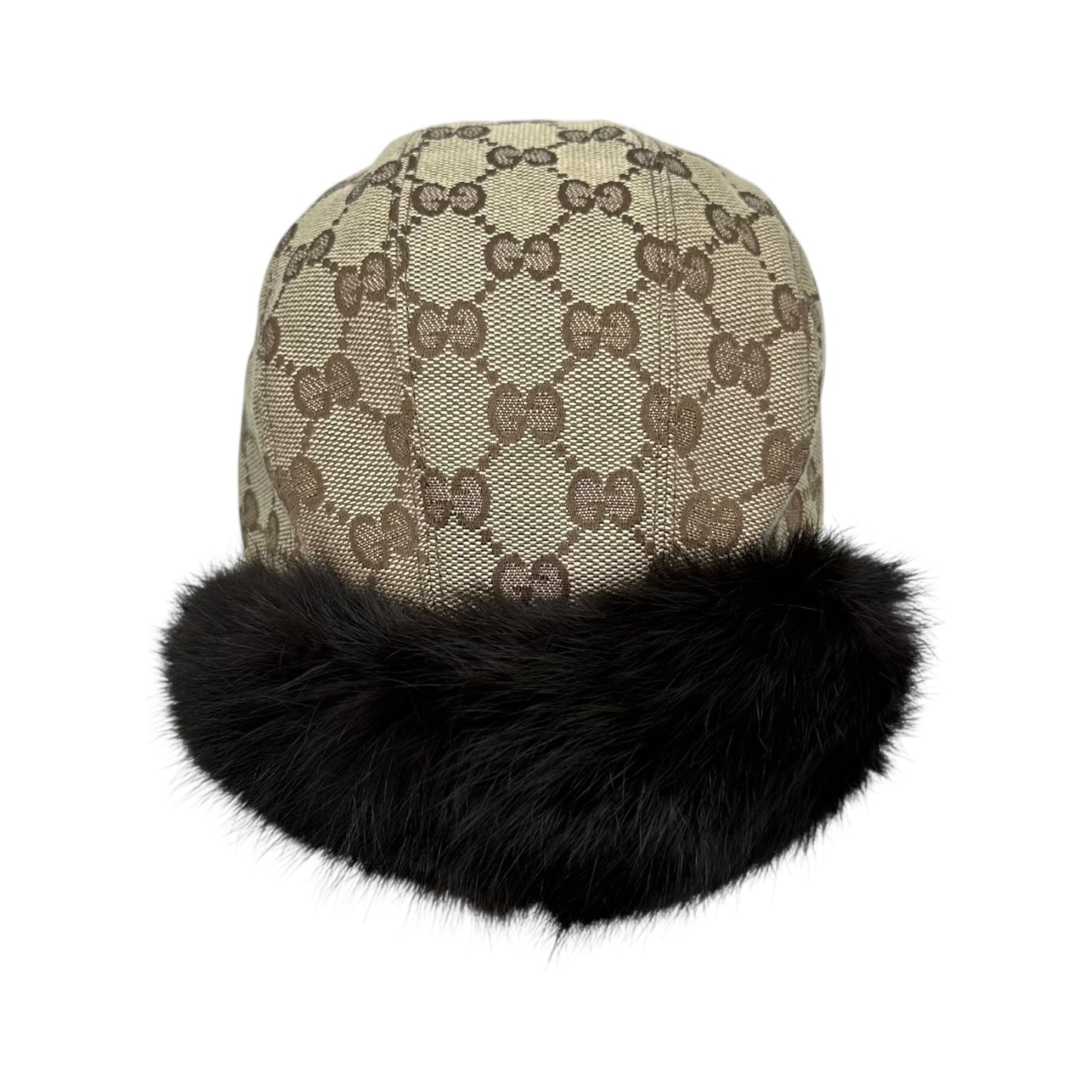 Gucci Tan Monogram & Rabbit Fur Trapper Hat KIDS