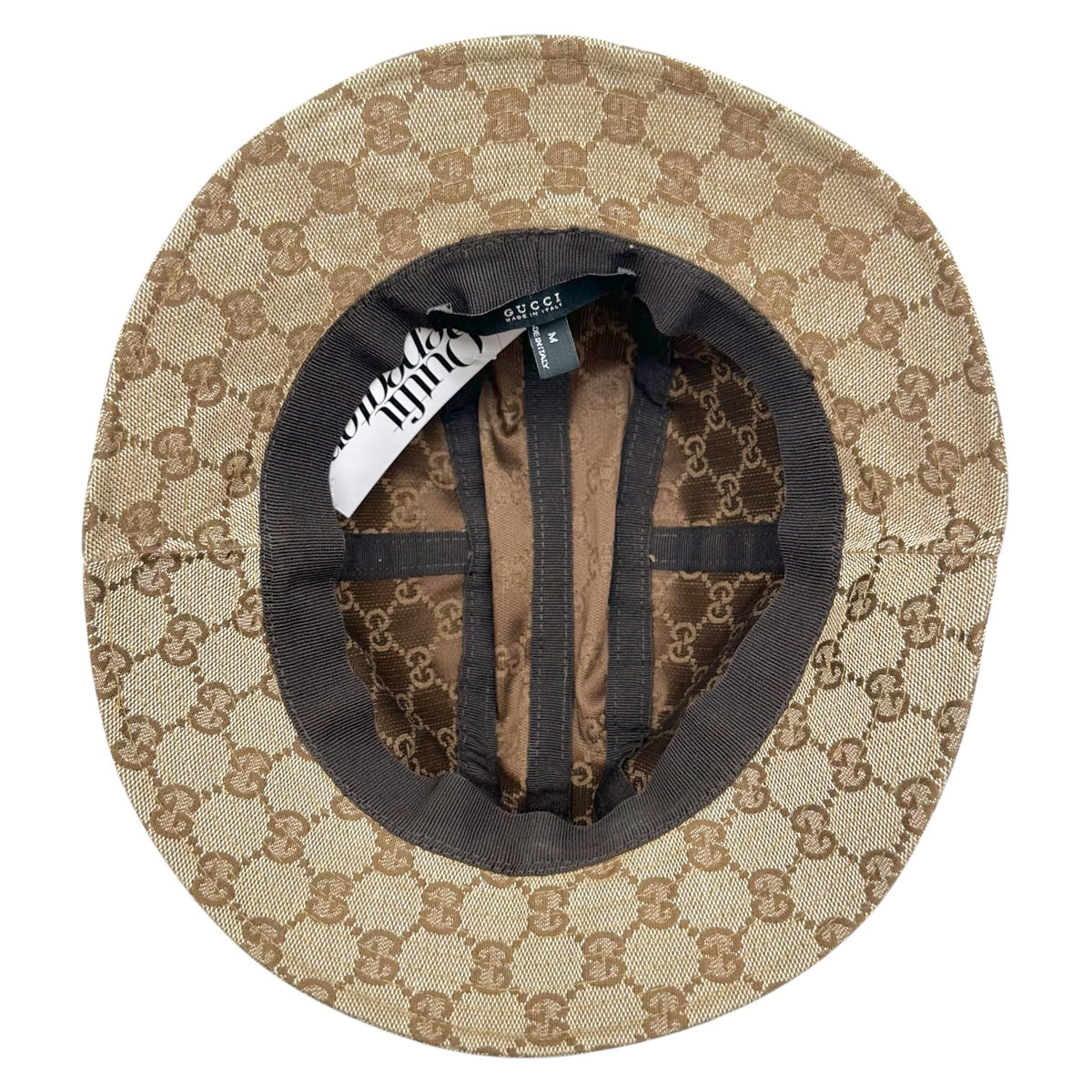 Gucci Tan Canvas Monogram Leather Trim Bucket Hat