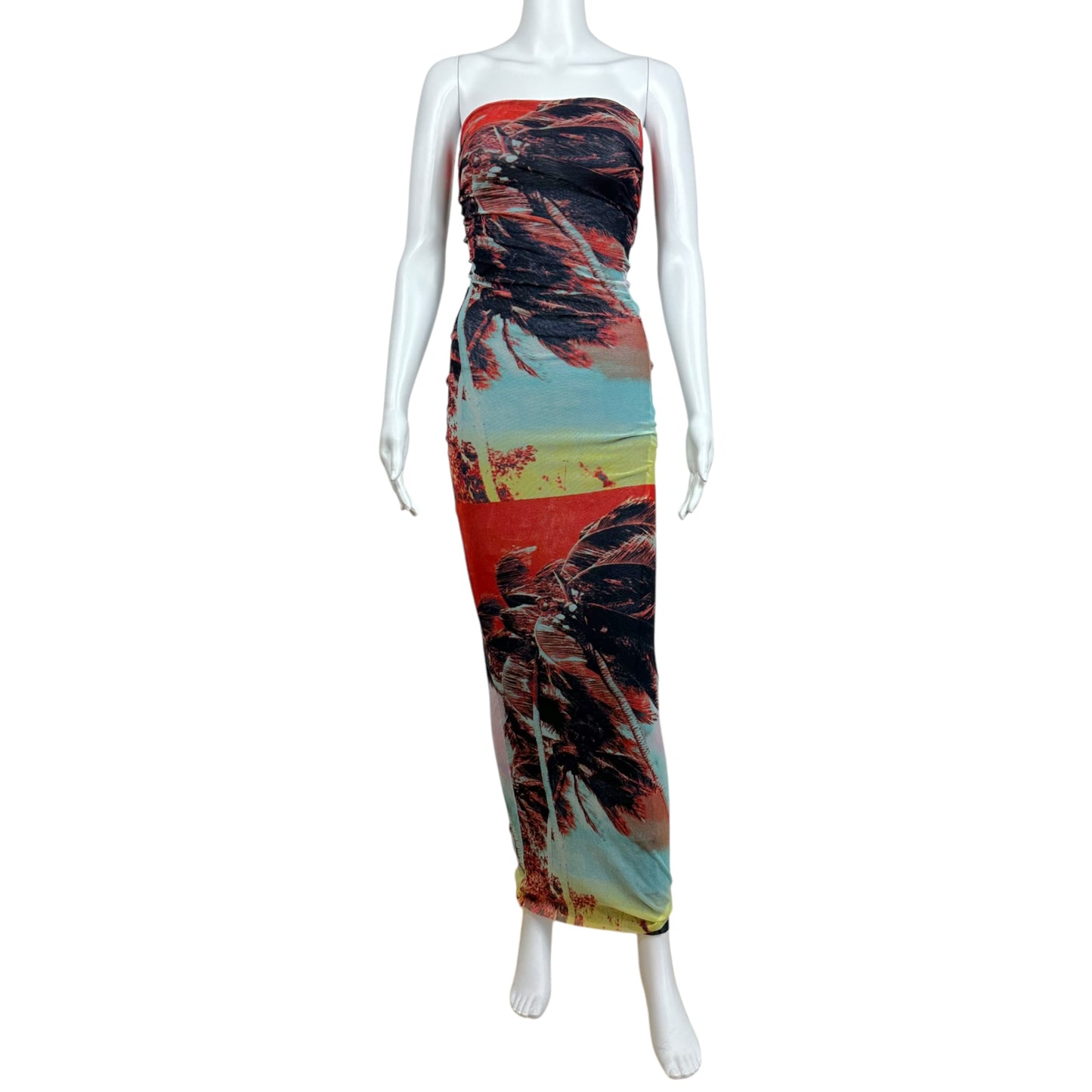 Jean Paul Gaultier Maxi Dress Palm Tree Print Strapless Red