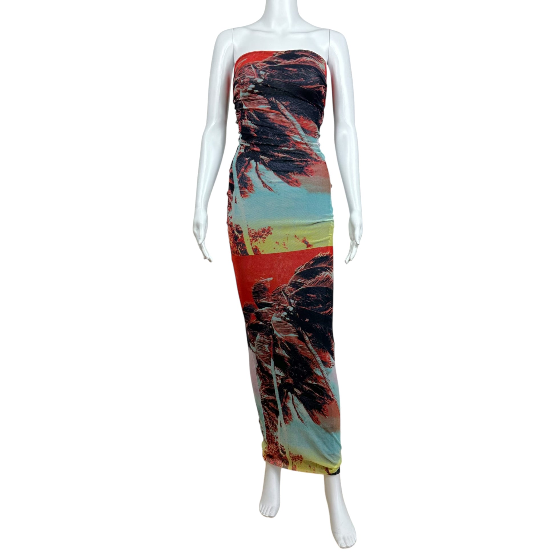 Jean Paul Gaultier Maxi Dress Palm Tree Print Strapless Red