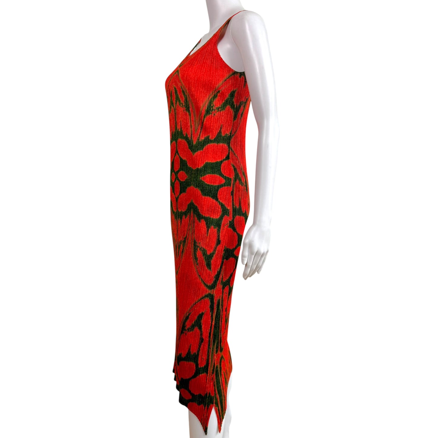 Issey Miyake Pleats Please Red & Green Patterned Pleated Maxi Dress Sz 3