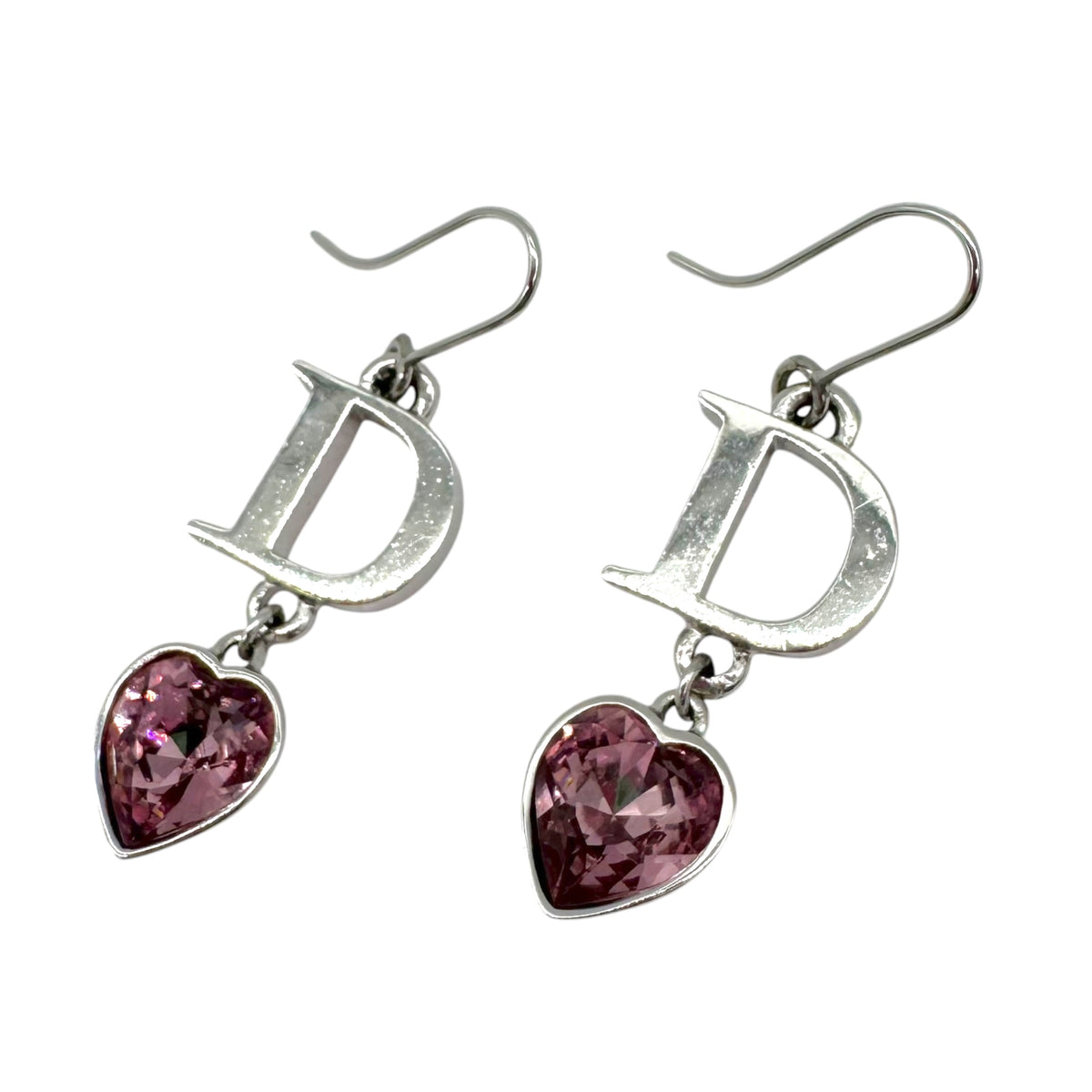 Christian Dior Dangly Earrings Silver D Logo Pink Crystal