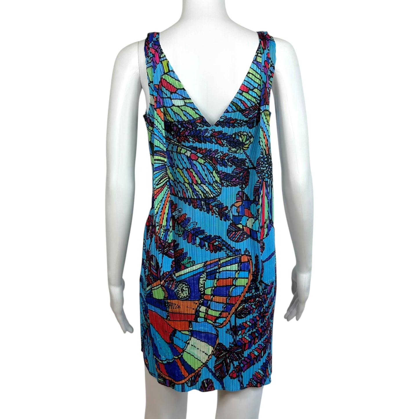 Issey Miyake Pleats Please Blue Multi Floral & Butterfly Print Pleated Halter Mini Dress
