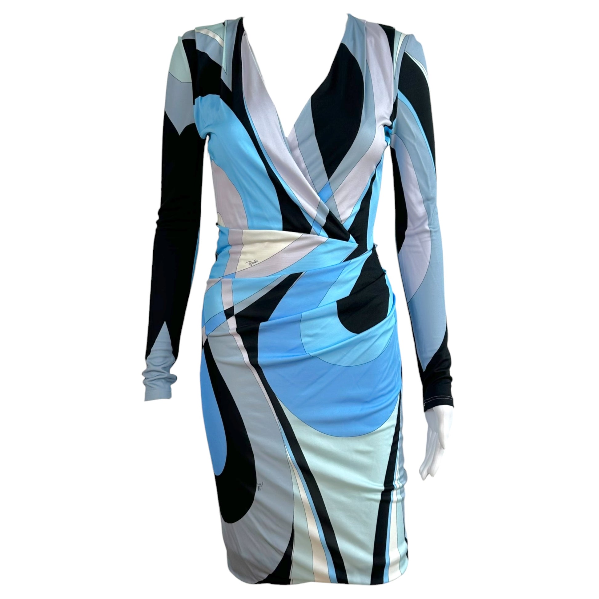 Emilio Pucci Wrap Style Midi Dress Blue Black Print