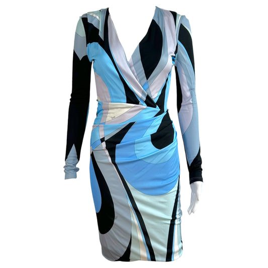 Emilio Pucci Wrap Style Midi Dress Blue Black Print