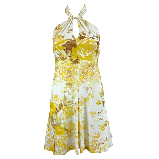 Roberto Cavalli 2006 Yellow & Gold Floral Print Halter Mini Dress