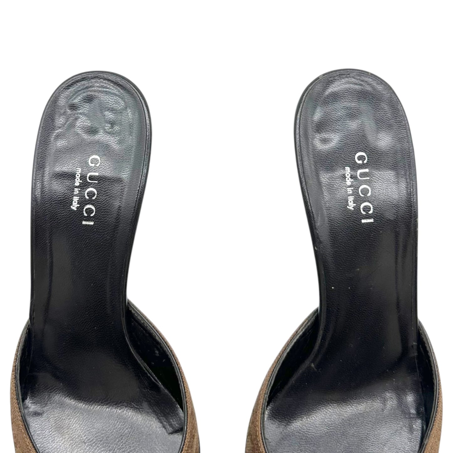 Gucci Tan Monogram Pointed Toe Kitten Heel Mules