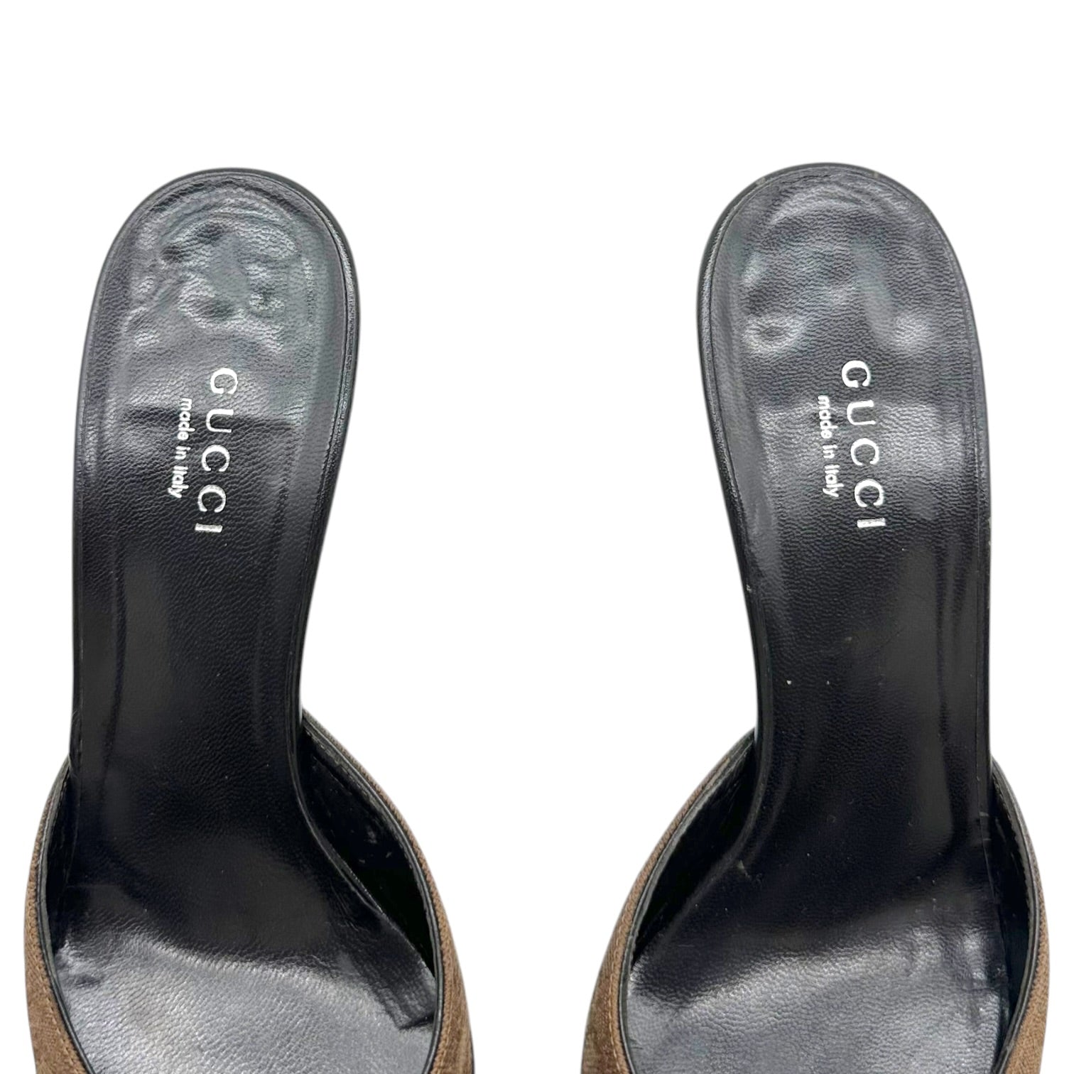 Gucci Tan Monogram Pointed Toe Kitten Heel Mules