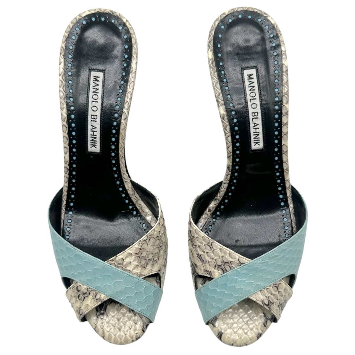 Manolo Blahnik Ivory & Light Blue Python Mule Sandal Heels