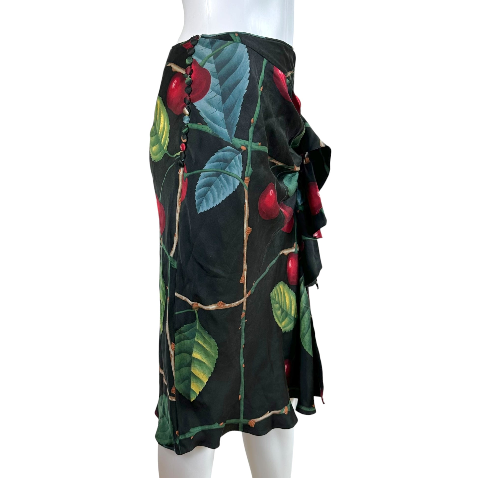 John Galliano Silk Midi Skirt Cherry Print Ruched Design
