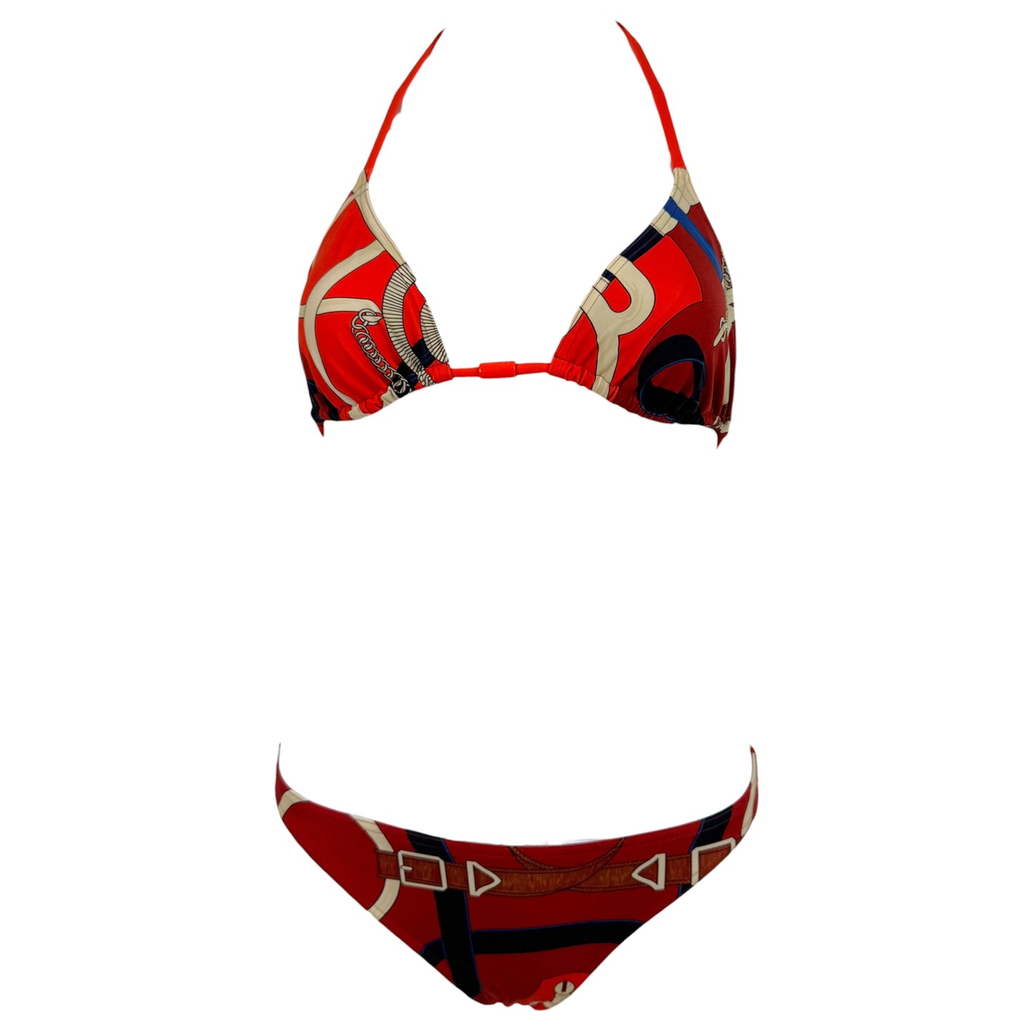 Hermes Burgundy & Red Buckle Print Triangel Tie Bikini Set