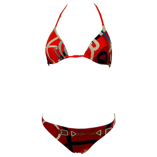 Hermes Burgundy & Red Buckle Print Triangel Tie Bikini Set