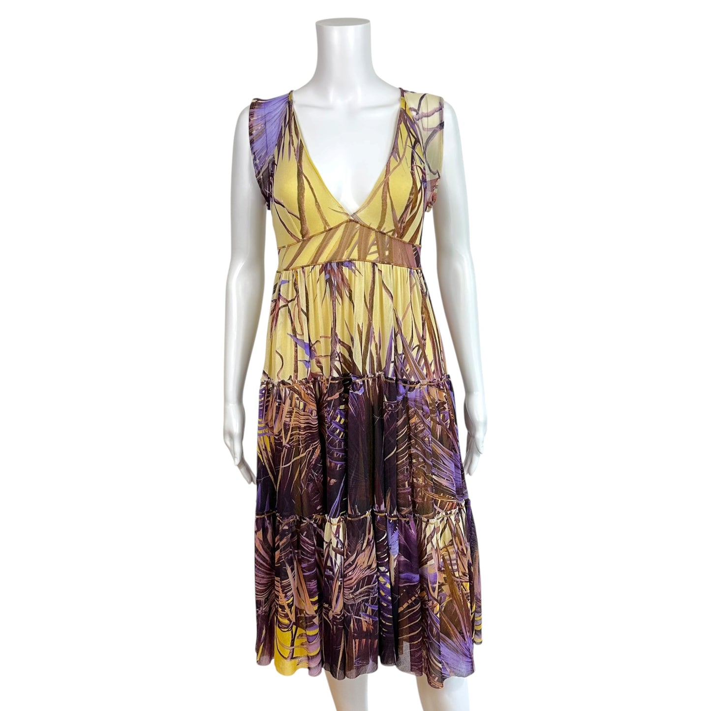 Jean Paul Gaultier Soleil Purple & Yellow Palm Printed Tiered Mesh Midi Dress
