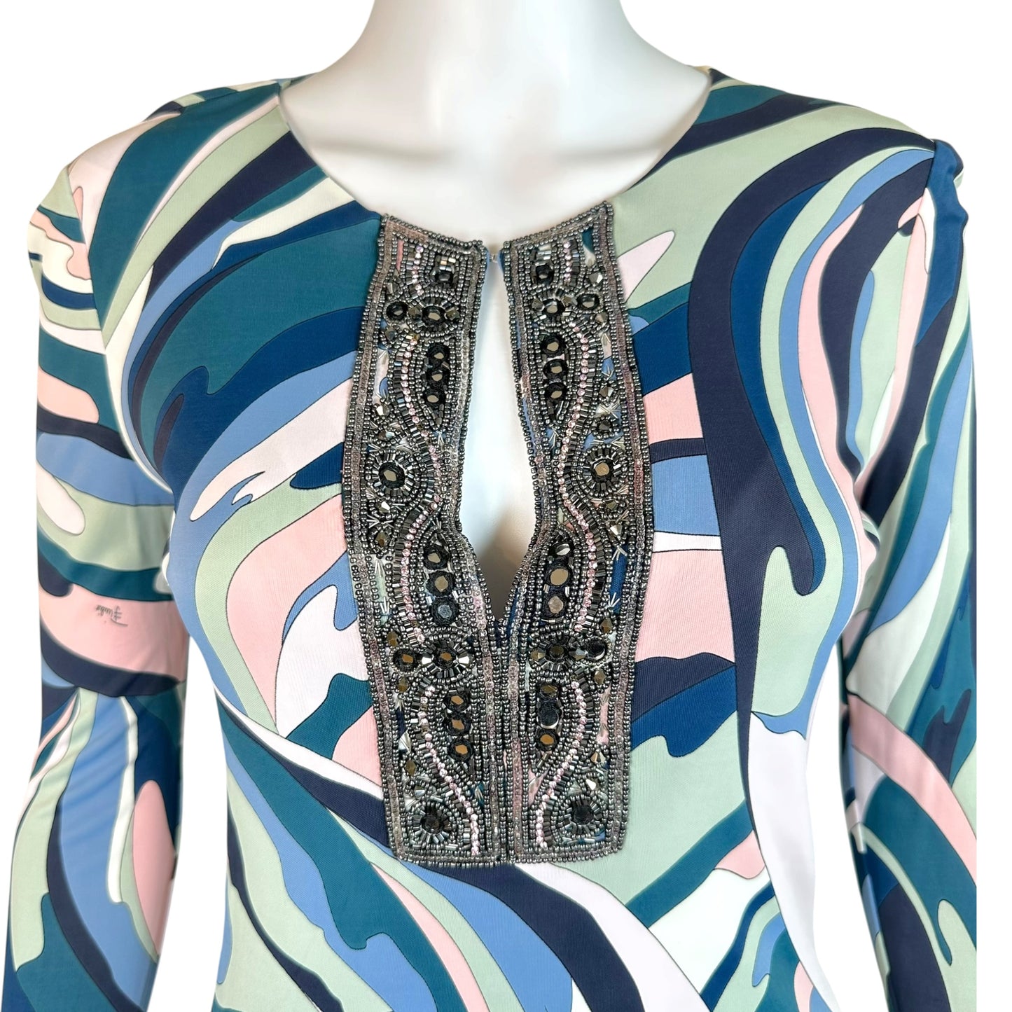 Emilio Pucci Longsleeve Mini Dress Pink Teal Beaded Neckline