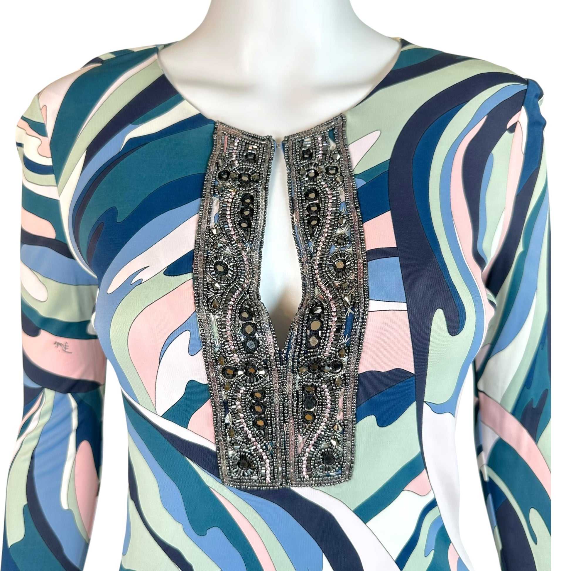 Emilio Pucci Longsleeve Mini Dress Pink Teal Beaded Neckline