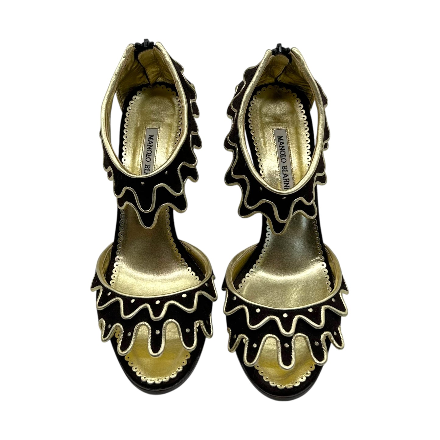 Manolo Blahnik Brown Suede & Gold 'Melting' Heels