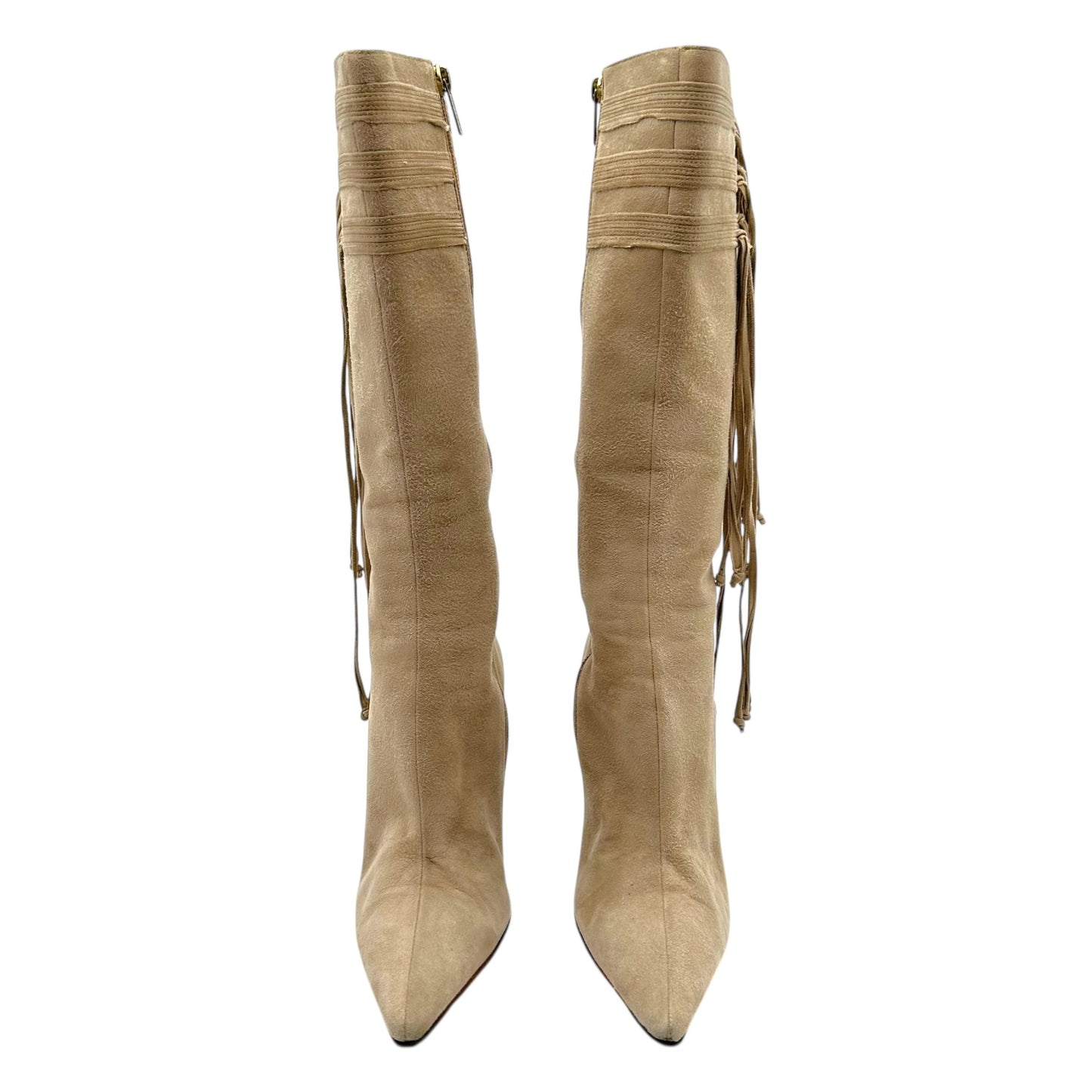 Jimmy Choo Beige Fringe Trim Heeled Boots