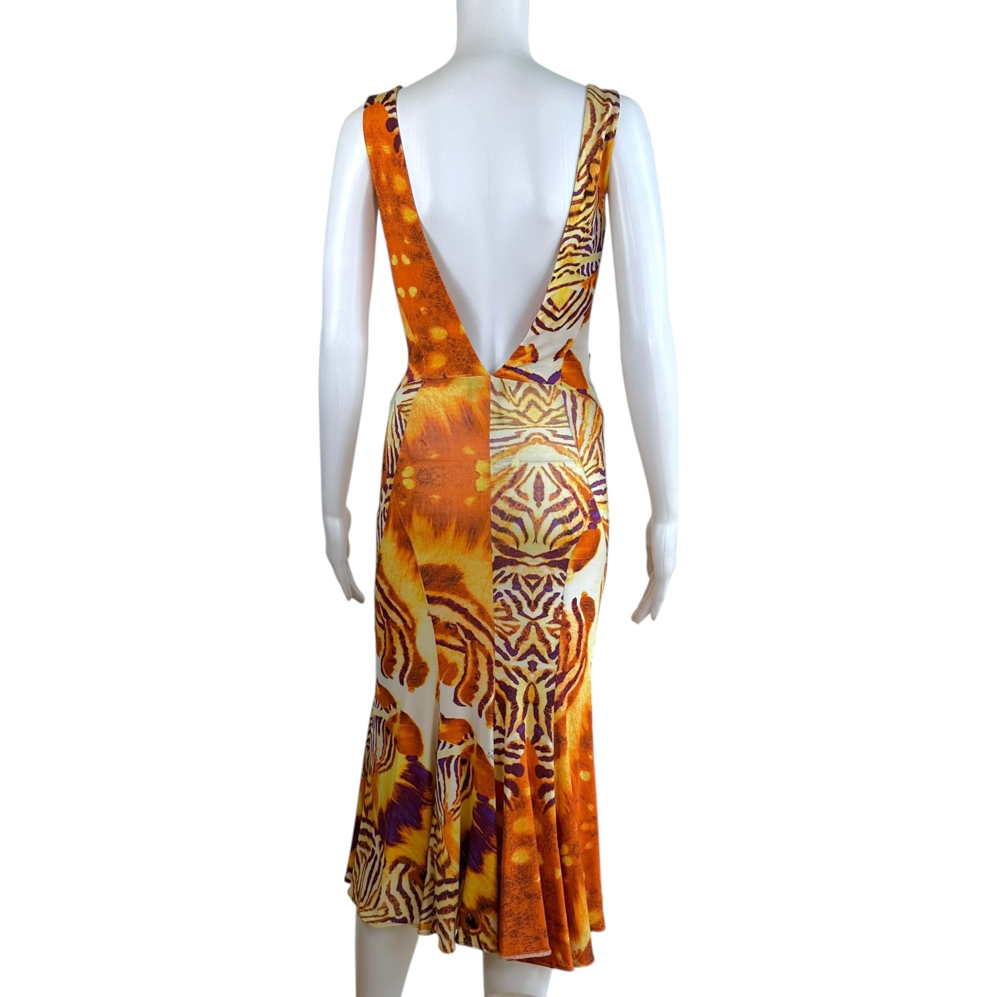 Roberto Cavalli Orange Purple Tiger Print Midi Dress