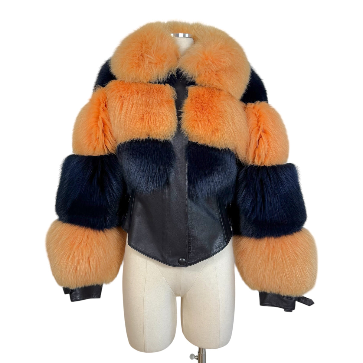 Alexandre Paris Cropped Coat Orange Blue Striped Fox Fur