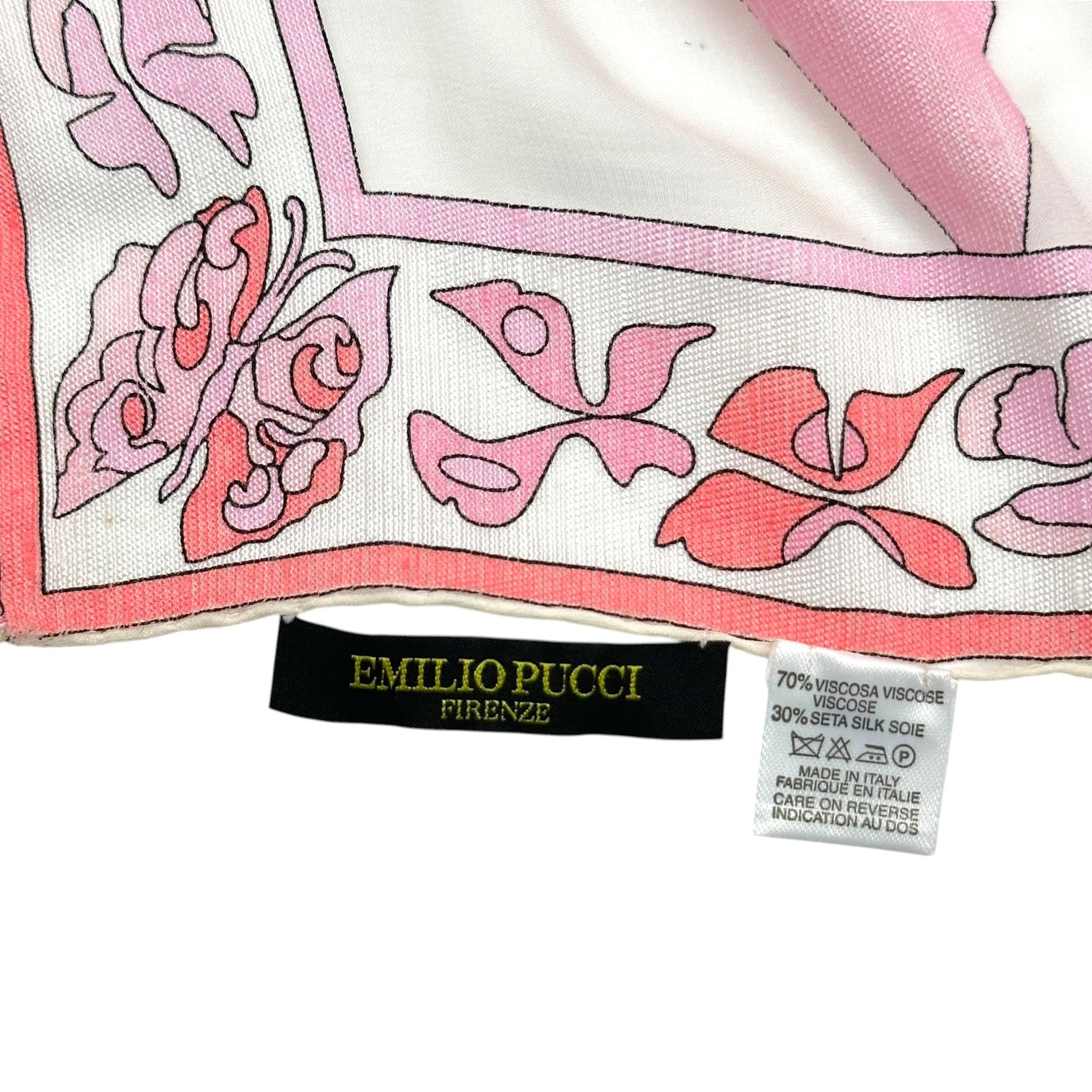 Emilio Pucci Pink White Printed Silk Fringe Trim Scarf