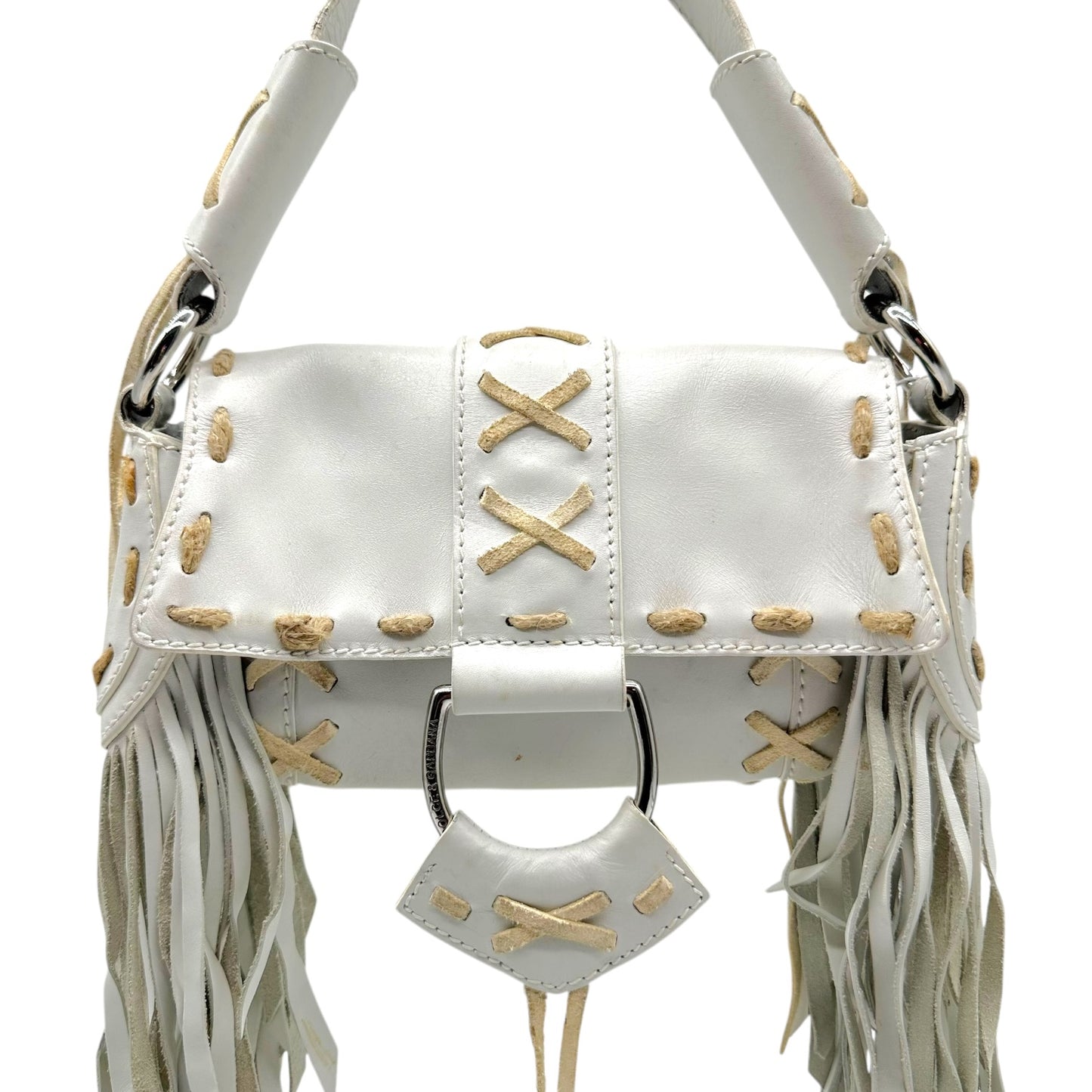 Dolce & Gabbana White Leather Fringe Trim Shoulder Bag