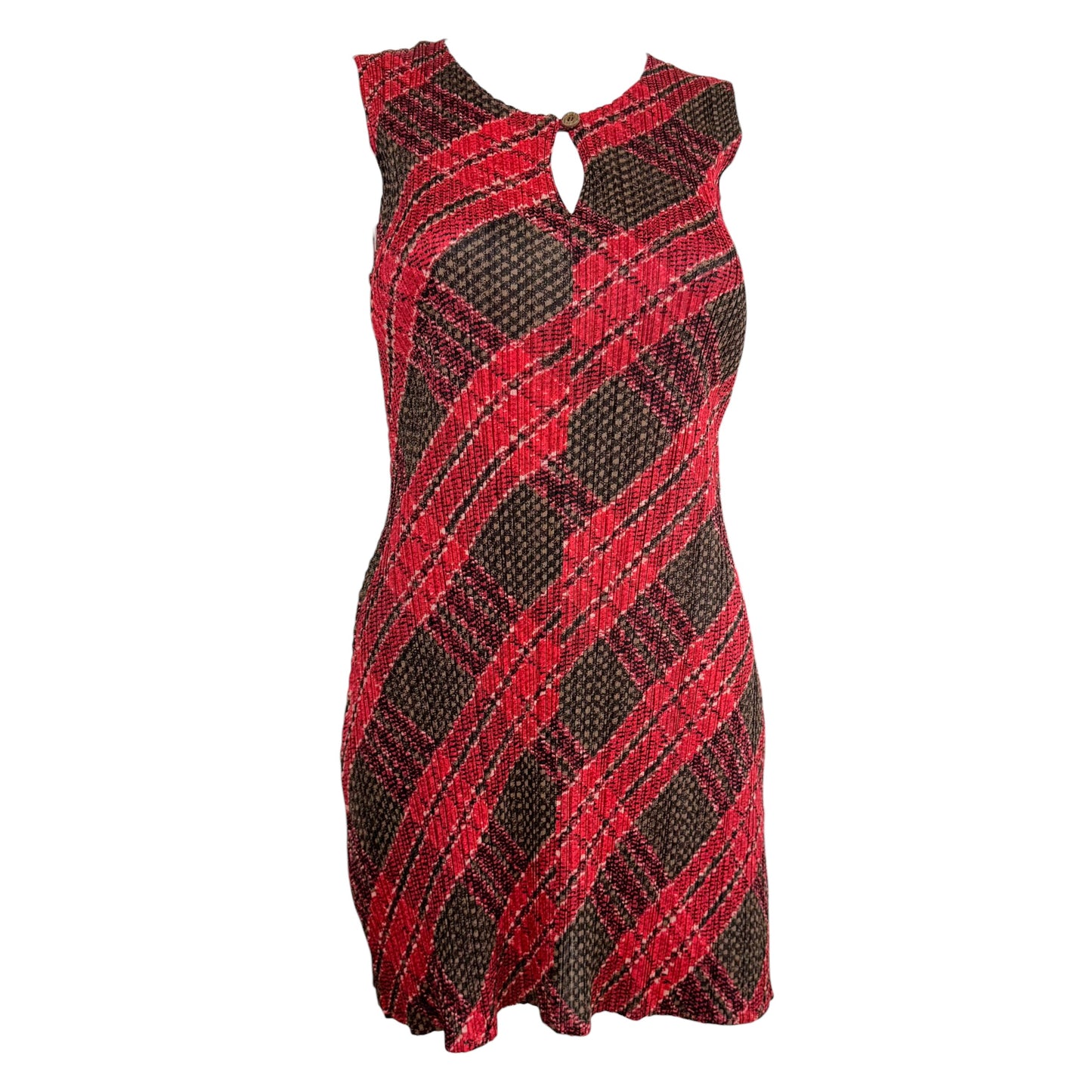 Issey Miyake Pleats Please Red & Gray Plaid Print Pleated Mini Dress Sz 3