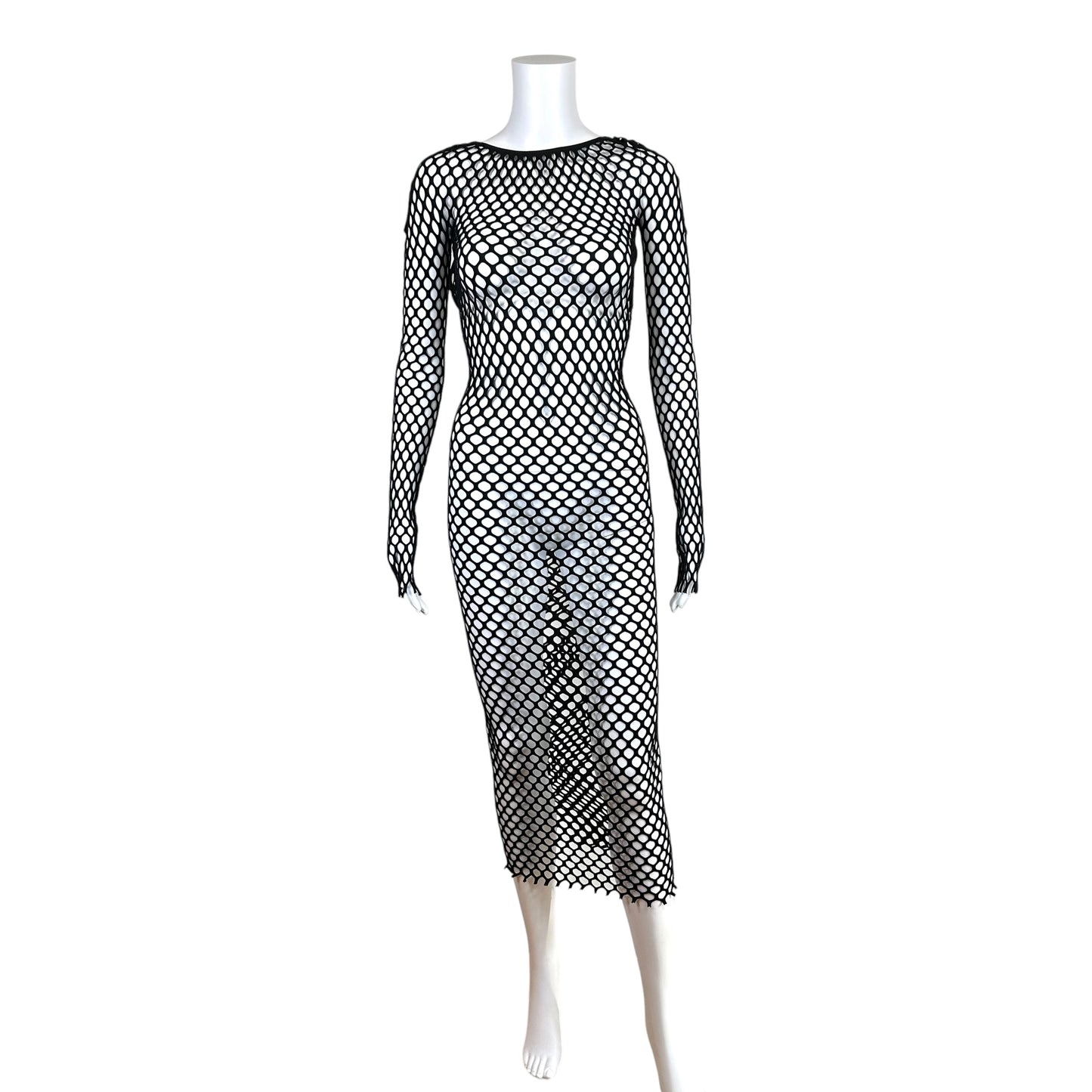 Roberto Cavalli Black Fishnet Long Sleeve Open Back Maxi Dress Cover-Up NEW