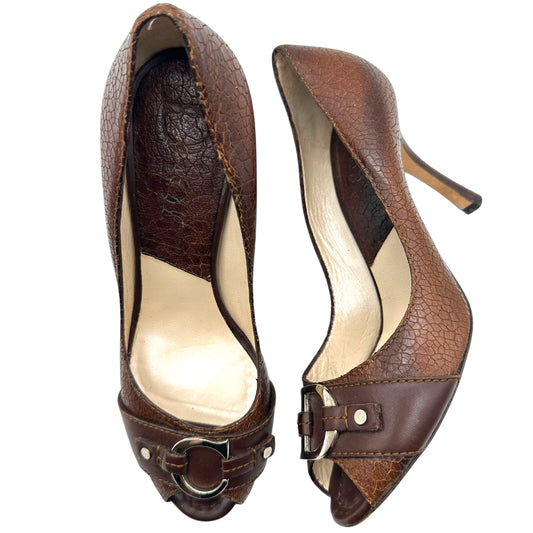 Christian Dior Brown Cracked Leather Peep-Toe Heels