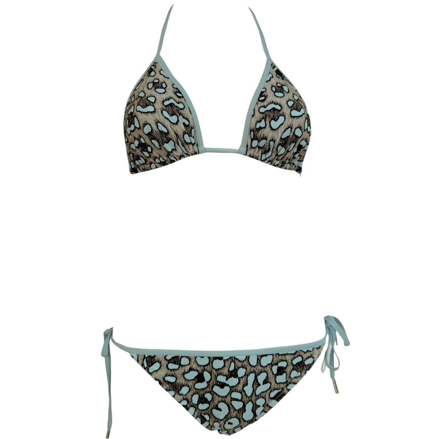 Roberto Cavalli Light Blue & Gray Leopard Print Bikini Set NEW