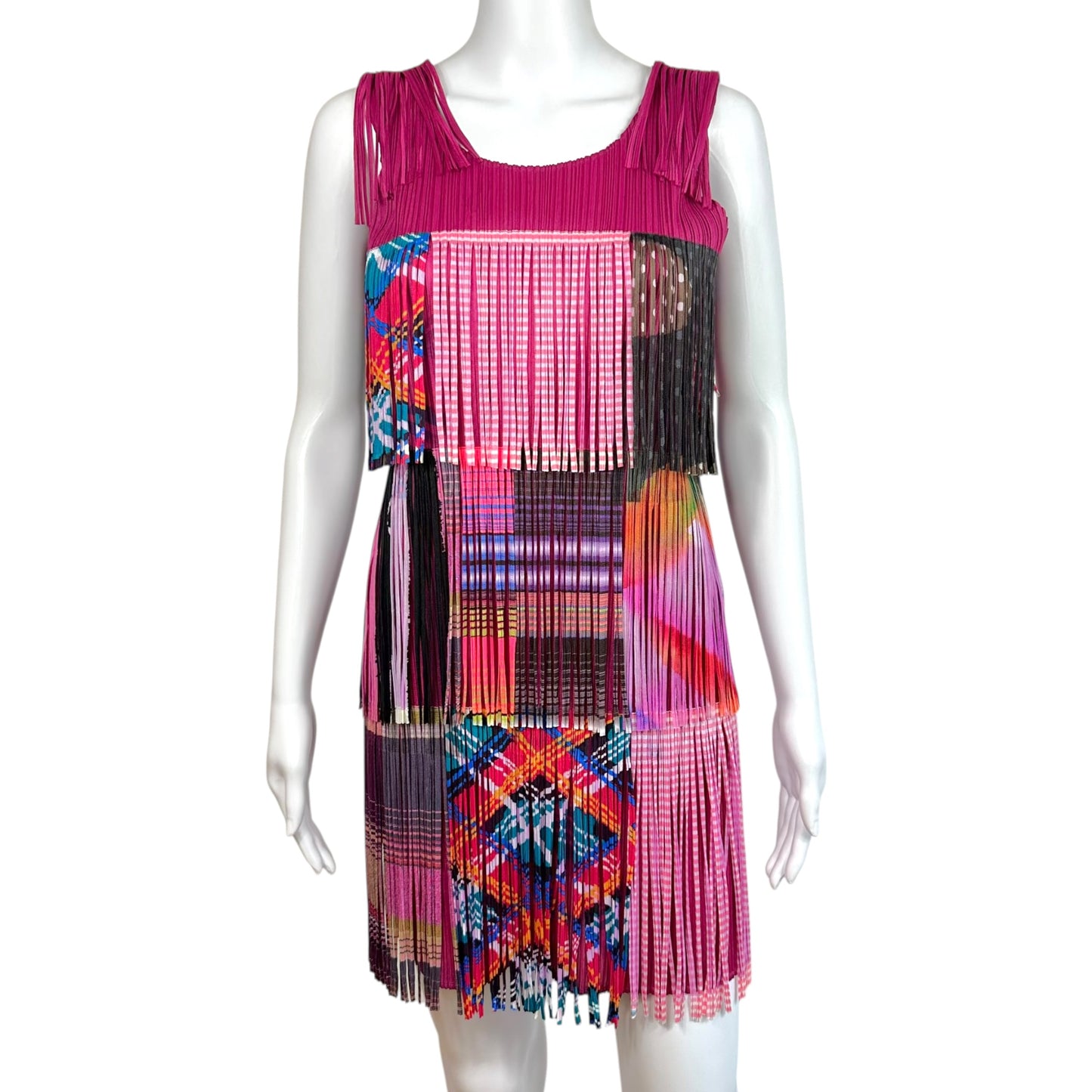 Issey Miyake Pleats Please Pink Multicolor Plaid Print Fringe Mini Dress