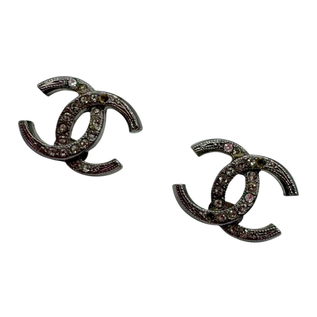 Chanel Gunmetal Gray CC Crystal Logo Earrings