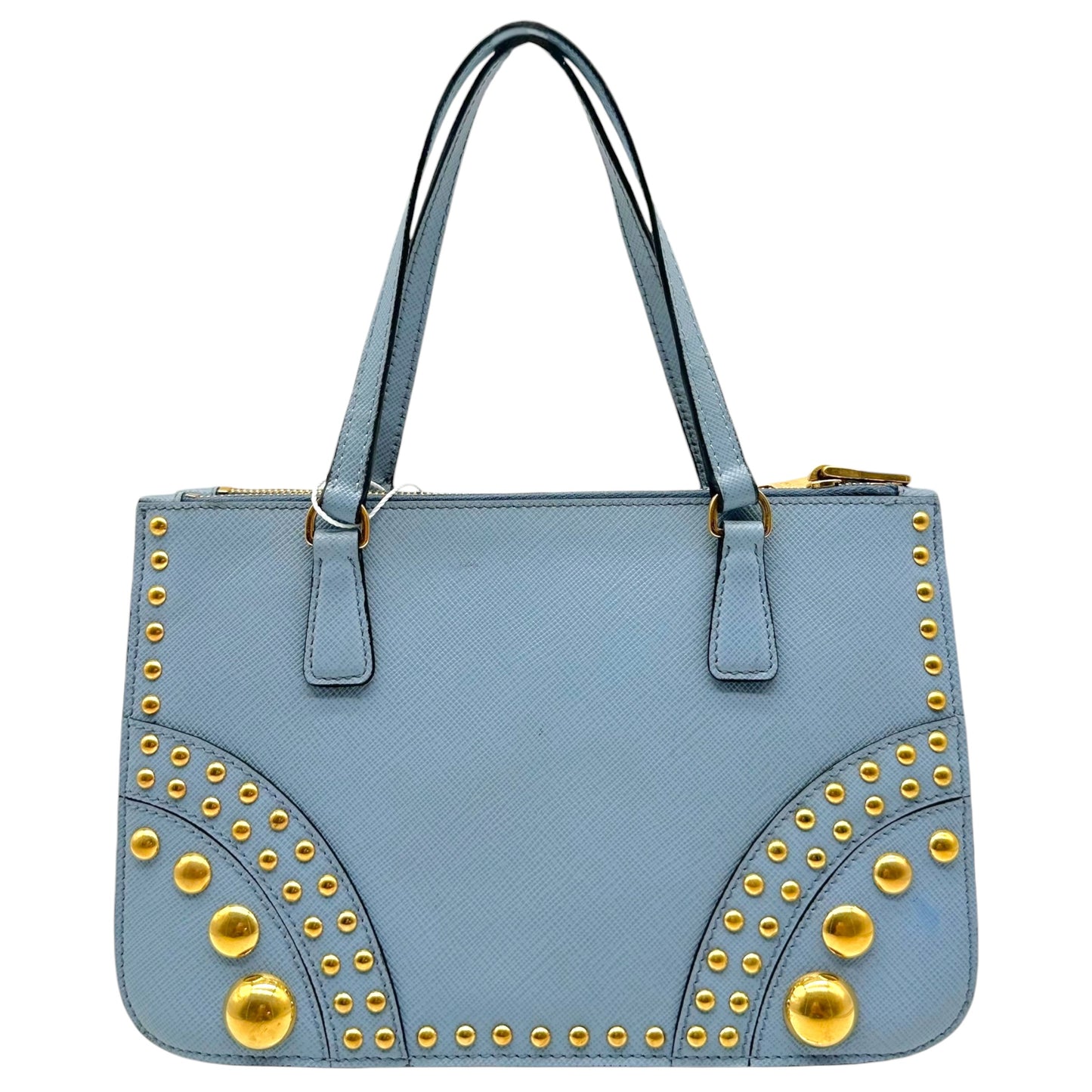 Prada Light Blue & Gold Studded Saffiano 2-Way Mini Tote Bag