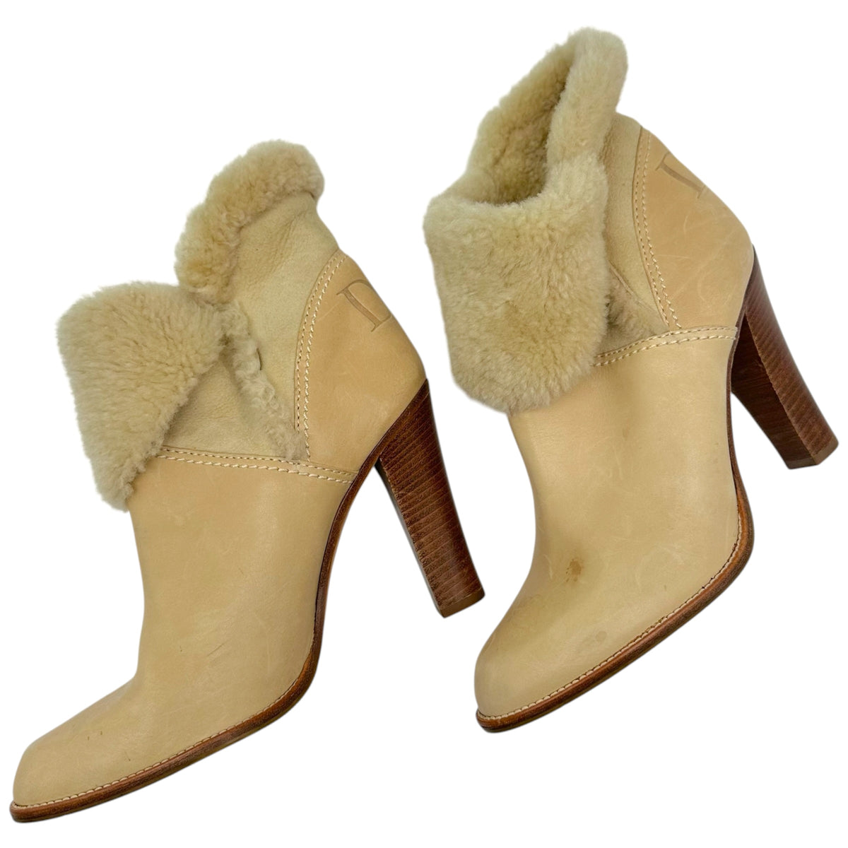 Christian Dior Beige Leather & Shearling Fold-Over Logo Heeled Booties