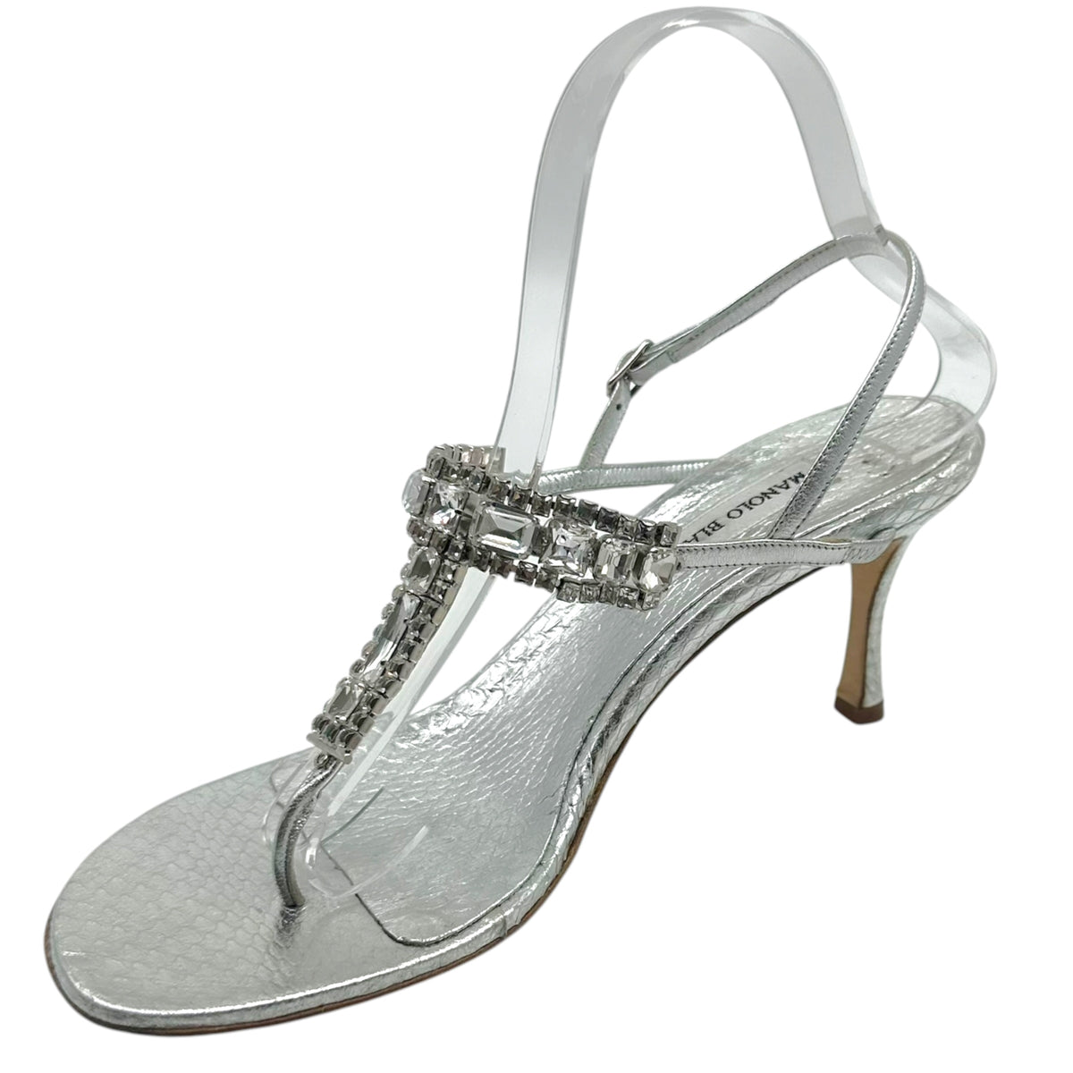 Manolo Blahnik SIlver Python & Crystal Thong Heeled Sandals