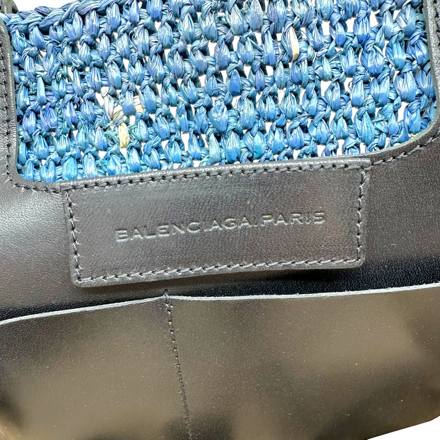 Balenciaga Large 2-Way City Beach Bag Blue Raffia Black Leather